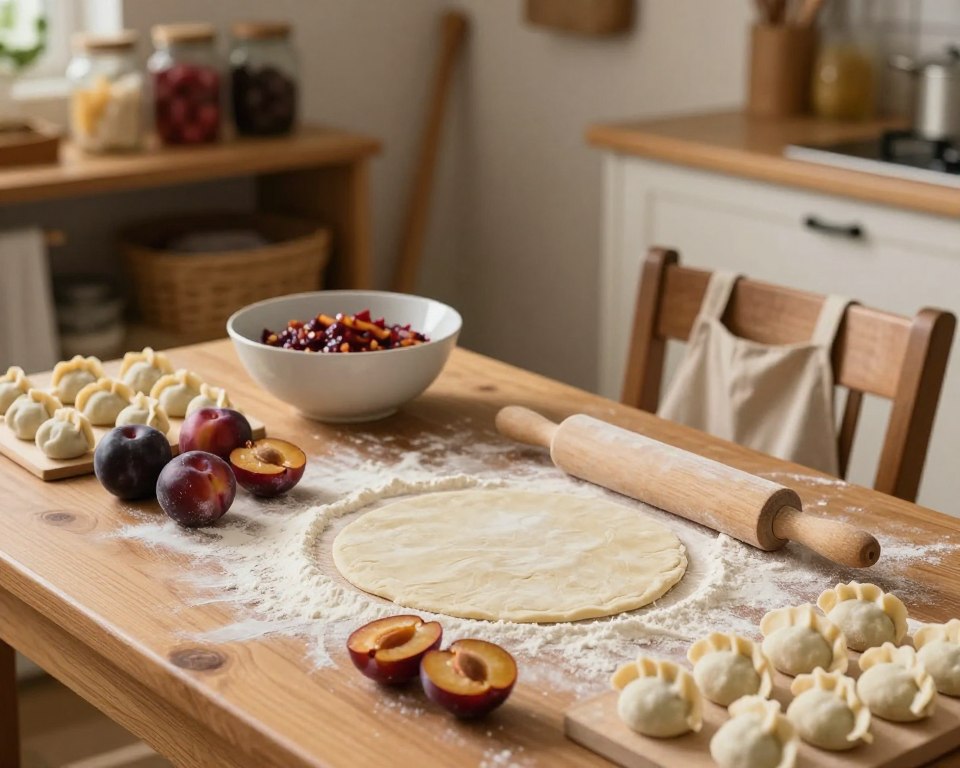 A cozy kitchen scene focused on practical tips for making dumplings, specifically silesian plum dumplings. In the foreground, a wooden table covered with flour, a rolling pin, and freshly made dough rolled out. Strategically placed, plums are neatly cut and ready for stuffing. In the middle ground, a bowl with a mixture of ingredients used for the dough, and an apron hanging from a chair, suggesting recent activity. Soft, warm lighting bathes the scene, creating an inviting atmosphere. In the background, a rustic kitchen shelf filled with jars and baking tools adds to the homely vibe. Capture the essence of traditional cooking, highlighting warmth, nostalgia, and attention to detail. Use a slightly overhead angle to encapsulate the activity on the table. A cozy kitchen scene focused on practical tips for making dumplings, specifically silesian plum dumplings. In the foreground, a wooden table covered with flour, a rolling pin, and freshly made dough rolled out. Strategically placed, plums are neatly cut and ready for stuffing. In the middle ground, a bowl with a mixture of ingredients used for the dough, and an apron hanging from a chair, suggesting recent activity. Soft, warm lighting bathes the scene, creating an inviting atmosphere. In the background, a rustic kitchen shelf filled with jars and baking tools adds to the homely vibe. Capture the essence of traditional cooking, highlighting warmth, nostalgia, and attention to detail. Use a slightly overhead angle to encapsulate the activity on the table.