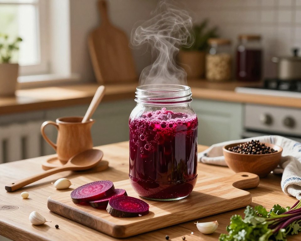 A cozy kitchen scene focusing on the process of preparing beet kvass. In the foreground, a wooden cutting board displays freshly cut beets in vibrant red and purple hues, surrounded by garlic cloves and greenery. An ornate glass jar filled with bubbling beet mixture sits in the center, with steam gently rising, suggesting fermentation. The middle ground shows an elegant wooden table adorned with traditional kitchen utensils: a wooden spoon, a measuring cup, and a cloth-covered bowl featuring spices like allspice and black peppercorns. In the softly lit background, rustic shelves hold jars of ingredients, and sunlight filters through a window, casting warm, inviting tones. The atmosphere is homely and inviting, evoking a sense of comfort and tradition, ideal for showcasing the art of making homemade beet kvass. A cozy kitchen scene focusing on the process of preparing beet kvass. In the foreground, a wooden cutting board displays freshly cut beets in vibrant red and purple hues, surrounded by garlic cloves and greenery. An ornate glass jar filled with bubbling beet mixture sits in the center, with steam gently rising, suggesting fermentation. The middle ground shows an elegant wooden table adorned with traditional kitchen utensils: a wooden spoon, a measuring cup, and a cloth-covered bowl featuring spices like allspice and black peppercorns. In the softly lit background, rustic shelves hold jars of ingredients, and sunlight filters through a window, casting warm, inviting tones. The atmosphere is homely and inviting, evoking a sense of comfort and tradition, ideal for showcasing the art of making homemade beet kvass.