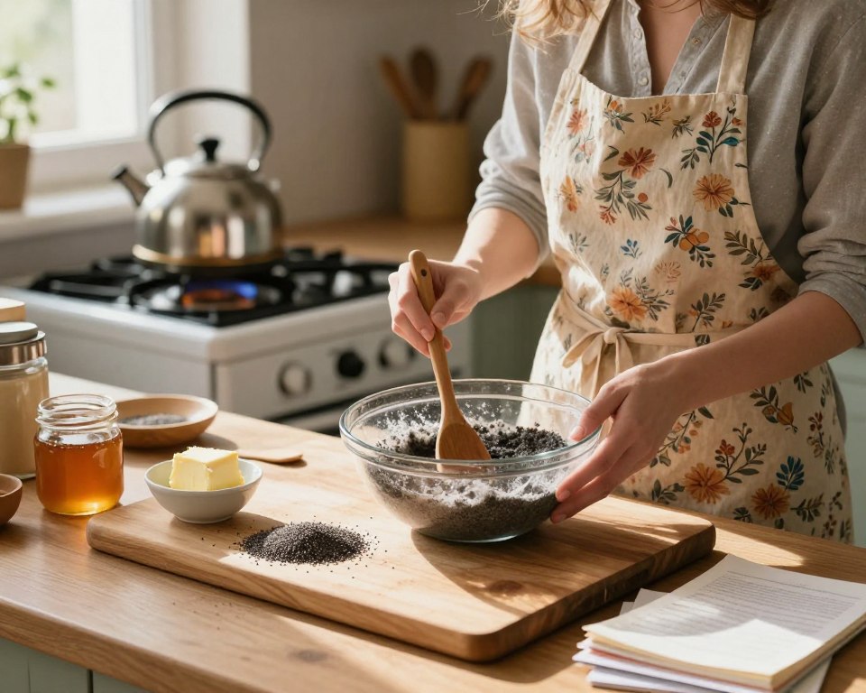 A cozy kitchen scene illustrating the preparation of poppy seed filling for a traditional Polish cake. In the foreground, a wooden cutting board is littered with ingredients: finely milled poppy seeds, a small bowl of butter, and a jar of honey. A young woman in a modest floral apron is mixing the ingredients in a glass bowl, focused and carefully stirring with a wooden spoon. Stream sunlight filters through a window, casting a warm glow on the scene and creating soft shadows. In the background, a classic stove with a kettle simmering adds to the homely atmosphere. Various baking tools and scattered recipe notes provide texture to the setting, evoking a comforting, inviting mood perfect for culinary creativity. A cozy kitchen scene illustrating the preparation of poppy seed filling for a traditional Polish cake. In the foreground, a wooden cutting board is littered with ingredients: finely milled poppy seeds, a small bowl of butter, and a jar of honey. A young woman in a modest floral apron is mixing the ingredients in a glass bowl, focused and carefully stirring with a wooden spoon. Stream sunlight filters through a window, casting a warm glow on the scene and creating soft shadows. In the background, a classic stove with a kettle simmering adds to the homely atmosphere. Various baking tools and scattered recipe notes provide texture to the setting, evoking a comforting, inviting mood perfect for culinary creativity.