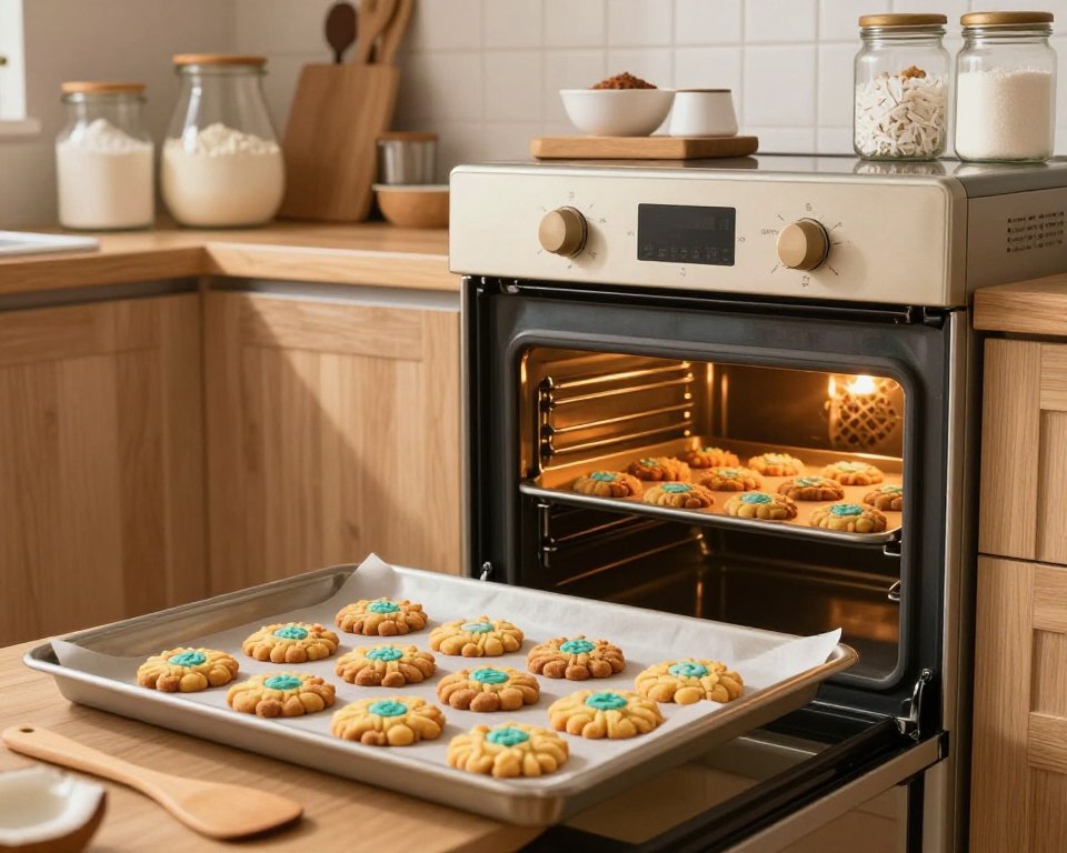 A cozy kitchen scene showcasing a baker preparing coconut cookies in an oven. In the foreground, a close-up view of the colorful, golden-brown coconut cookies arranged on a baking sheet, with a wooden spatula beside them. The middle features an oven with its door slightly open, revealing the cookies inside, while soft light from the oven casts a warm glow. In the background, shelves filled with baking ingredients like flour, sugar, and jars of coconut flakes enhance the homey atmosphere. The kitchen has warm wooden cabinetry and soft, inviting lighting, creating a delightful baking vibe, perfect for illustrating the art of making Kokosanki under perfect baking conditions. A cozy kitchen scene showcasing a baker preparing coconut cookies in an oven. In the foreground, a close-up view of the colorful, golden-brown coconut cookies arranged on a baking sheet, with a wooden spatula beside them. The middle features an oven with its door slightly open, revealing the cookies inside, while soft light from the oven casts a warm glow. In the background, shelves filled with baking ingredients like flour, sugar, and jars of coconut flakes enhance the homey atmosphere. The kitchen has warm wooden cabinetry and soft, inviting lighting, creating a delightful baking vibe, perfect for illustrating the art of making Kokosanki under perfect baking conditions.