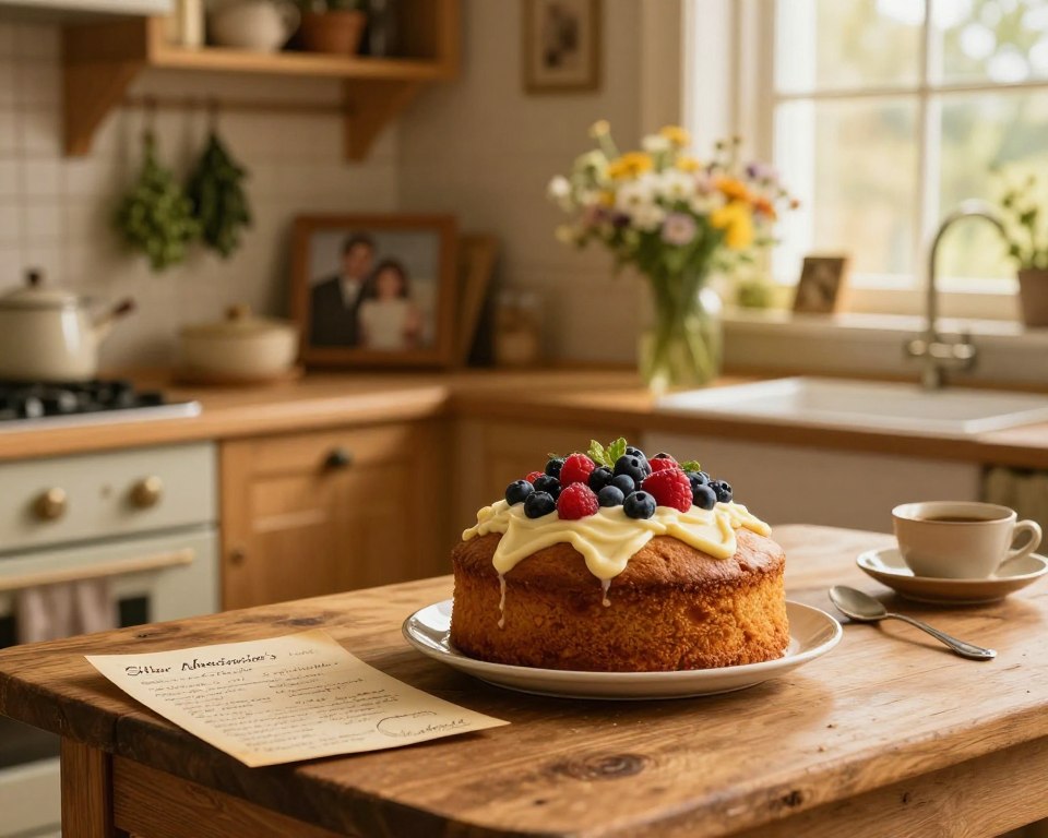 A cozy kitchen scene showcasing a rich, buttery cake made using Sister Anastasia's buttermilk recipe. In the foreground, the freshly baked cake sits elegantly on a rustic wooden table, adorned with delicate icing and fresh berries. Beside it, a vintage recipe card displays handwritten notes, hinting at the recipe's history. The middle ground features a quaint kitchen environment, with warm wooden cabinets, hanging herbs, and soft golden light filtering through a window, creating an inviting atmosphere. Background elements include a bouquet of wildflowers and a glimpse of family photographs, subtly emphasizing tradition. The overall mood is nostalgic, warm, and inviting, reminiscent of family gatherings and cherished memories. The lighting is soft and diffused, highlighting the cake's textures and the warmth of the kitchen setup. A cozy kitchen scene showcasing a rich, buttery cake made using Sister Anastasia's buttermilk recipe. In the foreground, the freshly baked cake sits elegantly on a rustic wooden table, adorned with delicate icing and fresh berries. Beside it, a vintage recipe card displays handwritten notes, hinting at the recipe's history. The middle ground features a quaint kitchen environment, with warm wooden cabinets, hanging herbs, and soft golden light filtering through a window, creating an inviting atmosphere. Background elements include a bouquet of wildflowers and a glimpse of family photographs, subtly emphasizing tradition. The overall mood is nostalgic, warm, and inviting, reminiscent of family gatherings and cherished memories. The lighting is soft and diffused, highlighting the cake's textures and the warmth of the kitchen setup.