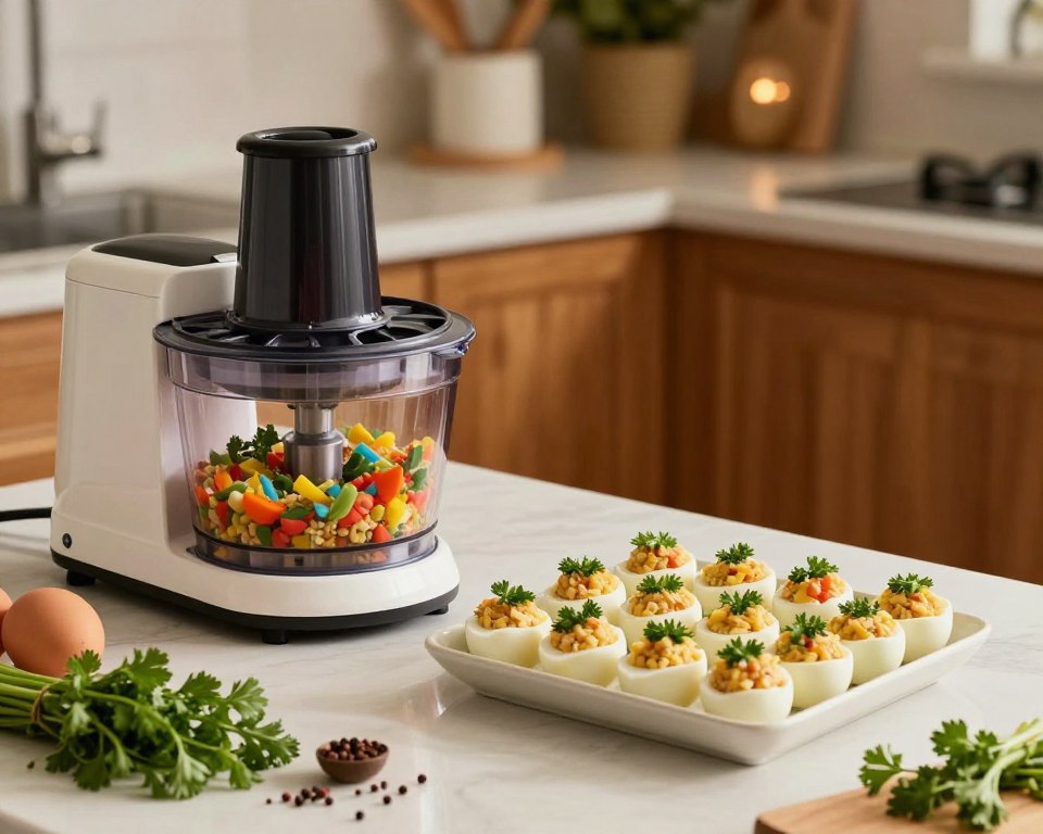 A cozy kitchen scene showcasing advanced techniques for blending stuffed filling. In the foreground, a well-organized countertop with fresh ingredients like boiled eggs, herbs, and spices arranged neatly. A high-quality food processor is in action, blending a vibrant mixture, with colorful textures visible through the transparent lid. In the middle ground, an elegant display of beautifully stuffed eggs garnished with fresh parsley, showcasing the end result of the blending techniques. The background features warm wooden cabinets and soft ambient lighting, creating an inviting atmosphere. The scene is shot from a slightly elevated angle to reveal the details of the preparation process, emphasizing a creative culinary spirit while maintaining a harmonious ambiance.