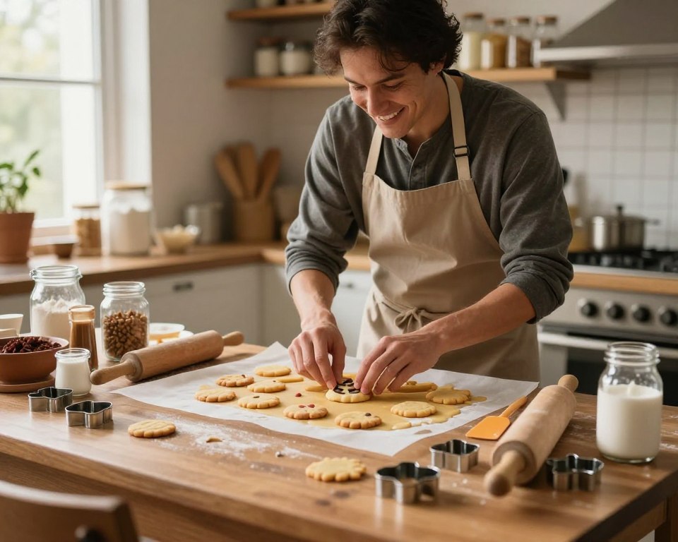 A cozy kitchen scene showcasing practical baking tips for making cookies. In the foreground, a beautifully decorated table filled with freshly baked cookies, various cookie cutters, and kitchen utensils like rolling pins and spatulas. In the middle ground, a chef in a modest apron is demonstrating cookie decoration techniques, focusing on the process with a warm smile. The background features shelves stocked with baking ingredients like flour, sugar, and spices, illuminated by soft, natural light filtering through a window. The overall atmosphere is inviting and homely, evoking a sense of warmth and creativity in baking. The scene captures the essence of practical tips for cookie baking and storage, inviting viewers to engage with the process. A cozy kitchen scene showcasing practical baking tips for making cookies. In the foreground, a beautifully decorated table filled with freshly baked cookies, various cookie cutters, and kitchen utensils like rolling pins and spatulas. In the middle ground, a chef in a modest apron is demonstrating cookie decoration techniques, focusing on the process with a warm smile. The background features shelves stocked with baking ingredients like flour, sugar, and spices, illuminated by soft, natural light filtering through a window. The overall atmosphere is inviting and homely, evoking a sense of warmth and creativity in baking. The scene captures the essence of practical tips for cookie baking and storage, inviting viewers to engage with the process.