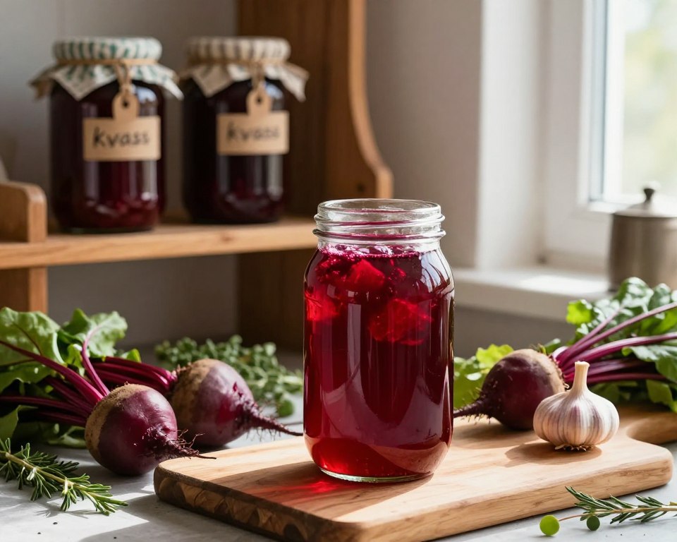 A cozy kitchen scene showcasing the art of storing beet kvass. In the foreground, a glass jar filled with vibrant, ruby-red kvass, reflecting light warmly. Surrounding the jar, fresh beets, garlic, and herbs are artistically arranged on a wooden cutting board, emphasizing the natural ingredients. In the middle, a rustic wooden shelf displays additional storage jars labeled with handwritten tags, conveying a homemade touch. In the background, soft natural light filters through a window, casting gentle shadows and creating a warm, inviting atmosphere. The overall mood is one of homeliness and care, capturing the essence of traditional food preservation. Use a slightly angled view to create depth, simulating the perspective of someone preparing to store the kvass. A cozy kitchen scene showcasing the art of storing beet kvass. In the foreground, a glass jar filled with vibrant, ruby-red kvass, reflecting light warmly. Surrounding the jar, fresh beets, garlic, and herbs are artistically arranged on a wooden cutting board, emphasizing the natural ingredients. In the middle, a rustic wooden shelf displays additional storage jars labeled with handwritten tags, conveying a homemade touch. In the background, soft natural light filters through a window, casting gentle shadows and creating a warm, inviting atmosphere. The overall mood is one of homeliness and care, capturing the essence of traditional food preservation. Use a slightly angled view to create depth, simulating the perspective of someone preparing to store the kvass.