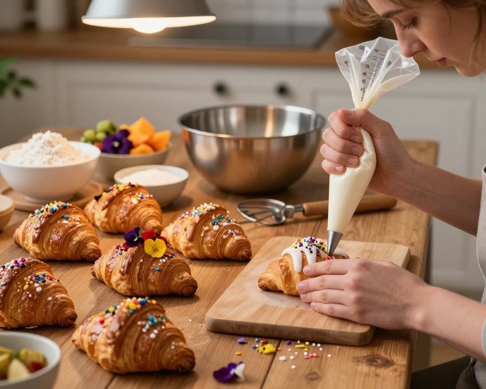 A cozy kitchen setting with a rustic feel, featuring a wooden table adorned with freshly baked croissants, delicate icing, and vibrant decorative elements like edible flowers and colorful sprinkles. In the foreground, a pair of hands gracefully decorating a pastry with a piping bag filled with icing, showcasing skill and care. In the middle, a mixing bowl and measuring tools are placed neatly beside bowls of flour, sugar, and vibrant fruit for decoration. The background includes warm, ambient lighting from an overhead lamp, illuminating the scene and creating a homely atmosphere. The angle captures both the intricate details of the decorating process and the inviting charm of the kitchen, evoking a sense of warmth and culinary creativity.