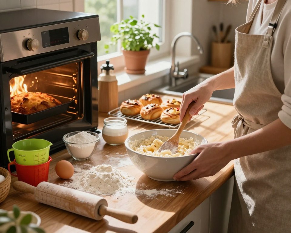 A cozy, sunlit kitchen scene featuring a wooden countertop scattered with baking ingredients, including flour, sugar, and eggs. In the foreground, a skilled baker, dressed in a modest apron, mixes a batter in a large bowl with a wooden spoon. Brightly colored measuring cups and a flour-dusted pastry roller lie nearby. The middle ground showcases a roaring oven, with a golden-brown cake rising inside, while freshly baked pastries cool on a wire rack. In the background, soft light filters through a window adorned with green potted herbs, casting gentle shadows and creating a warm, inviting atmosphere. The overall mood is one of warmth, creativity, and culinary adventure. A cozy, sunlit kitchen scene featuring a wooden countertop scattered with baking ingredients, including flour, sugar, and eggs. In the foreground, a skilled baker, dressed in a modest apron, mixes a batter in a large bowl with a wooden spoon. Brightly colored measuring cups and a flour-dusted pastry roller lie nearby. The middle ground showcases a roaring oven, with a golden-brown cake rising inside, while freshly baked pastries cool on a wire rack. In the background, soft light filters through a window adorned with green potted herbs, casting gentle shadows and creating a warm, inviting atmosphere. The overall mood is one of warmth, creativity, and culinary adventure.