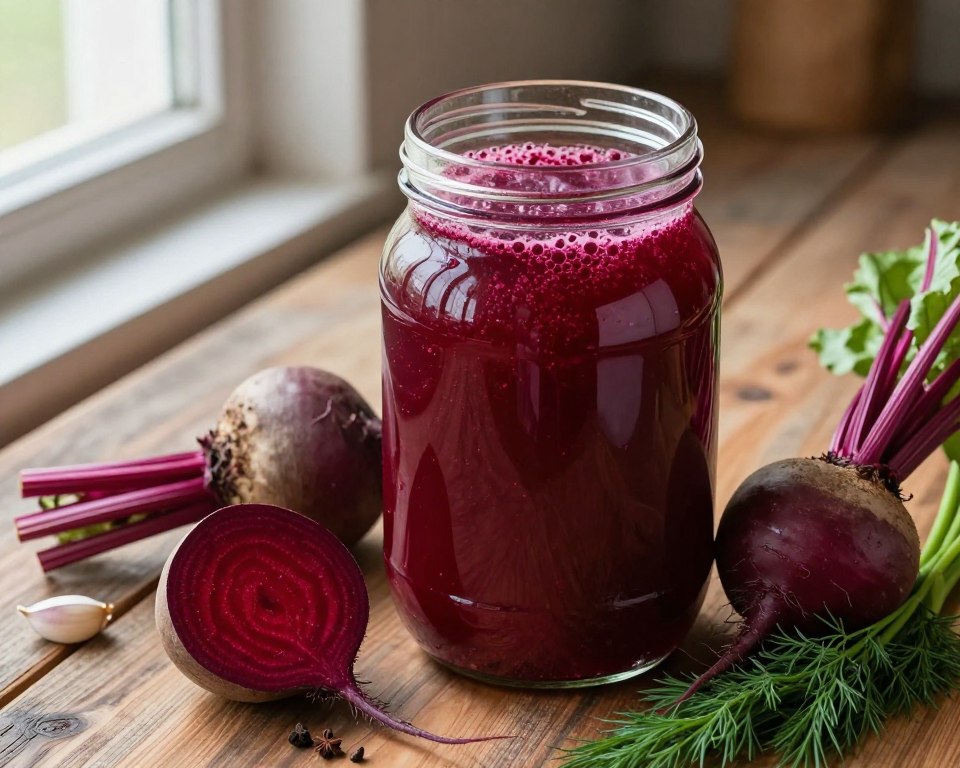 A detailed and vibrant depiction of the fermentation process of beet kvass, showcasing a glass jar filled with the deep crimson liquid, rich in texture and bubbles, symbolizing active fermentation. In the foreground, place fresh beets and spices, like garlic and dill, artfully arranged around the jar. The middle ground features a well-worn wooden table, suggesting a rustic kitchen atmosphere. In the background, a soft, warm light filters through a window, casting gentle shadows and enhancing the organic feel of the scene. Utilize a slightly overhead angle to capture the intricacies of the ingredients and fermentation, creating an inviting, homely mood that emphasizes tradition and health. Ensure the overall composition is harmonious and focused, devoid of any text or distractions. A detailed and vibrant depiction of the fermentation process of beet kvass, showcasing a glass jar filled with the deep crimson liquid, rich in texture and bubbles, symbolizing active fermentation. In the foreground, place fresh beets and spices, like garlic and dill, artfully arranged around the jar. The middle ground features a well-worn wooden table, suggesting a rustic kitchen atmosphere. In the background, a soft, warm light filters through a window, casting gentle shadows and enhancing the organic feel of the scene. Utilize a slightly overhead angle to capture the intricacies of the ingredients and fermentation, creating an inviting, homely mood that emphasizes tradition and health. Ensure the overall composition is harmonious and focused, devoid of any text or distractions.