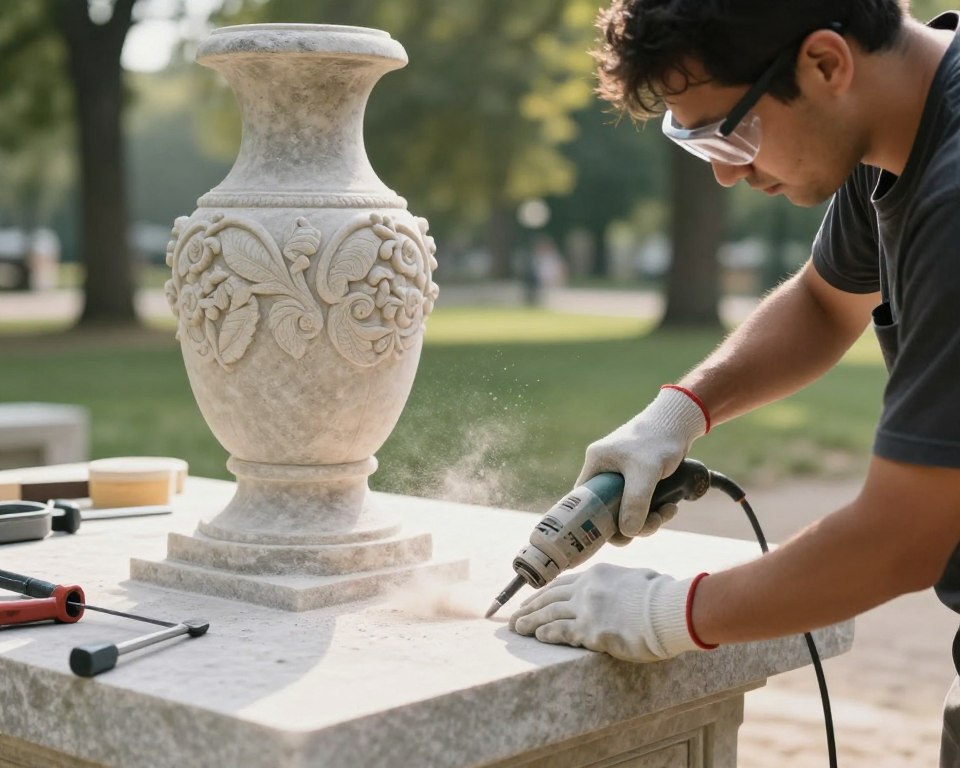 A focused view of a professional setting where a stonemason is preparing the surface of a monument for the installation of a vase. In the foreground, the mason, wearing safety gloves and goggles, is using a power tool to smooth the stone surface, sending small dust particles into the air. The middle ground features the monument itself, a classic stone structure with intricate carvings, and tools scattered around. The background is a blurred image of a serene park with greenery and gentle sunlight filtering through trees, creating a calm atmosphere. The lighting is soft yet bright, emphasizing the details on the stone and the mason's focused expression. Shot from a low angle to highlight the monument's height and craftsmanship.
