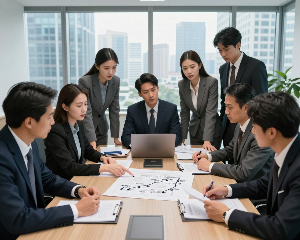 A formal office setting focused on establishing accountability for an accident. In the foreground, a diverse group of professionals in business attire are engaged in a serious discussion, reviewing documents and pointing at a chart depicting an accident timeline. The middle ground features a large conference table with legal papers, a laptop, and a large window allowing natural light to flood the room. The background showcases a modern city skyline through the glass, emphasizing a sense of urgency and importance. The lighting is bright yet soft, creating an atmosphere of professionalism and determination. Capture the expressions of concern and focus on their faces, conveying the gravity of the situation.