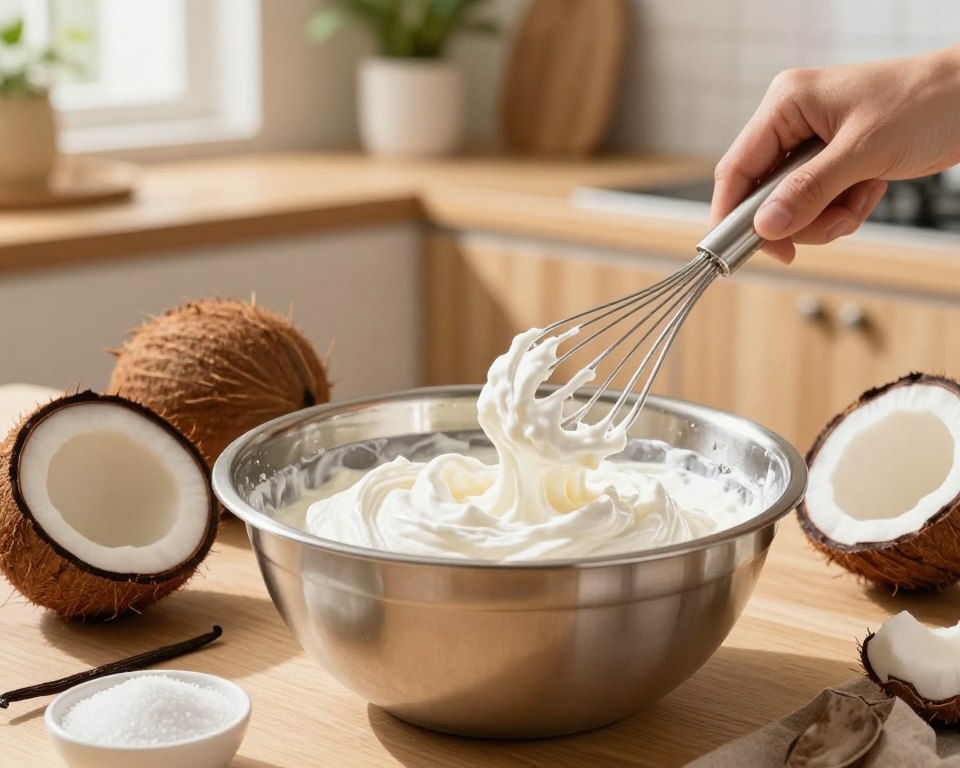 A kitchen scene showcasing the process of beating egg whites into a fluffy texture for coconut mass. In the foreground, a stainless steel mixing bowl filled with whipped egg whites, surrounded by fresh coconuts, sugar, and vanilla extract. A hand holding a whisk is mid-action, creating soft peaks, while a blurred background features a bright, sunlit kitchen with wooden cabinets and tropical-themed decor. The lighting is warm and inviting, enhancing the creamy white of the egg whites and the rich brown of the coconuts. The mood is cheerful and homey, encapsulating the joy of preparing a favorite dessert from scratch. A kitchen scene showcasing the process of beating egg whites into a fluffy texture for coconut mass. In the foreground, a stainless steel mixing bowl filled with whipped egg whites, surrounded by fresh coconuts, sugar, and vanilla extract. A hand holding a whisk is mid-action, creating soft peaks, while a blurred background features a bright, sunlit kitchen with wooden cabinets and tropical-themed decor. The lighting is warm and inviting, enhancing the creamy white of the egg whites and the rich brown of the coconuts. The mood is cheerful and homey, encapsulating the joy of preparing a favorite dessert from scratch.