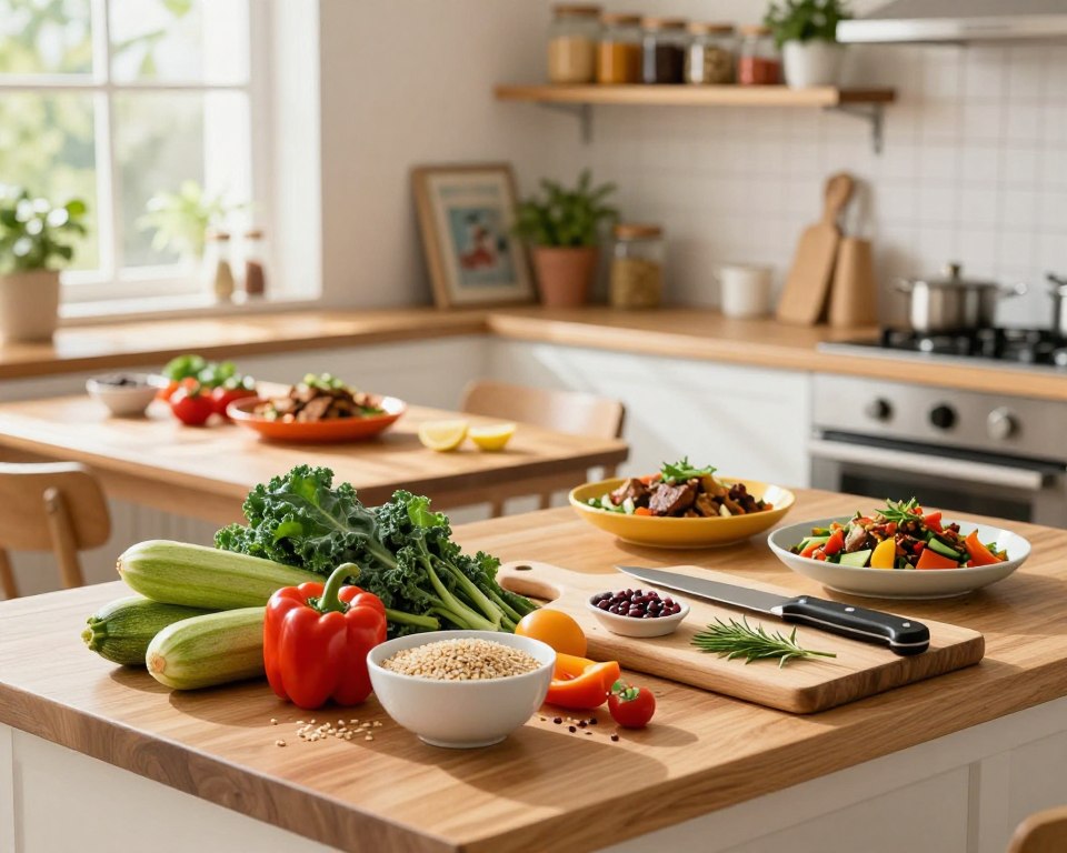 A modern kitchen setting, showcasing a vibrant spread of plant-based ingredients on a wooden countertop. In the foreground, fresh vegetables like bell peppers, zucchini, and kale are artfully arranged alongside bowls of grains and legumes. A chopping board holds a knife and herbs, hinting at meal preparation. The middle ground features a cozy dining table with colorful dishes that illustrate various meat-free meals, like a hearty salad and a vegetable stir-fry. The background reveals bright, airy kitchen shelves stocked with jars of spices, cookbooks, and greenery, enhancing the lively atmosphere. Soft natural light streams through a window, creating warm shadows and a welcoming ambiance, perfect for inspiring healthy cooking. A modern kitchen setting, showcasing a vibrant spread of plant-based ingredients on a wooden countertop. In the foreground, fresh vegetables like bell peppers, zucchini, and kale are artfully arranged alongside bowls of grains and legumes. A chopping board holds a knife and herbs, hinting at meal preparation. The middle ground features a cozy dining table with colorful dishes that illustrate various meat-free meals, like a hearty salad and a vegetable stir-fry. The background reveals bright, airy kitchen shelves stocked with jars of spices, cookbooks, and greenery, enhancing the lively atmosphere. Soft natural light streams through a window, creating warm shadows and a welcoming ambiance, perfect for inspiring healthy cooking.