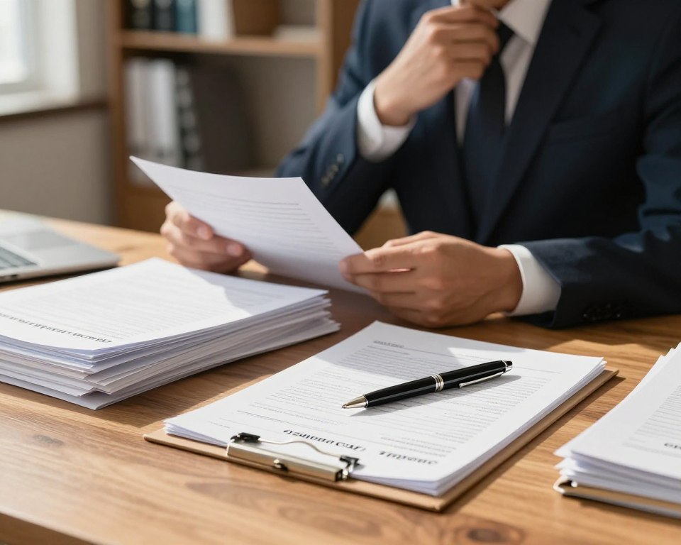 A professional office setting with a focus on documentation requirements. In the foreground, a wooden desk cluttered with neatly organized files and paperwork, including forms labeled "Claim Application" and "Death Certificate." An elegant, modern pen rests on the documents, hinting at an important process. In the middle ground, a well-dressed individual in a business suit sits thoughtfully, reviewing the papers with a focused expression. Soft, natural light streams in from a nearby window, casting gentle shadows and creating an inviting atmosphere. The background features a blurred bookshelf filled with legal texts and binders, emphasizing the seriousness of the subject. The overall mood conveys professionalism and diligence in navigating the process of claiming compensation.