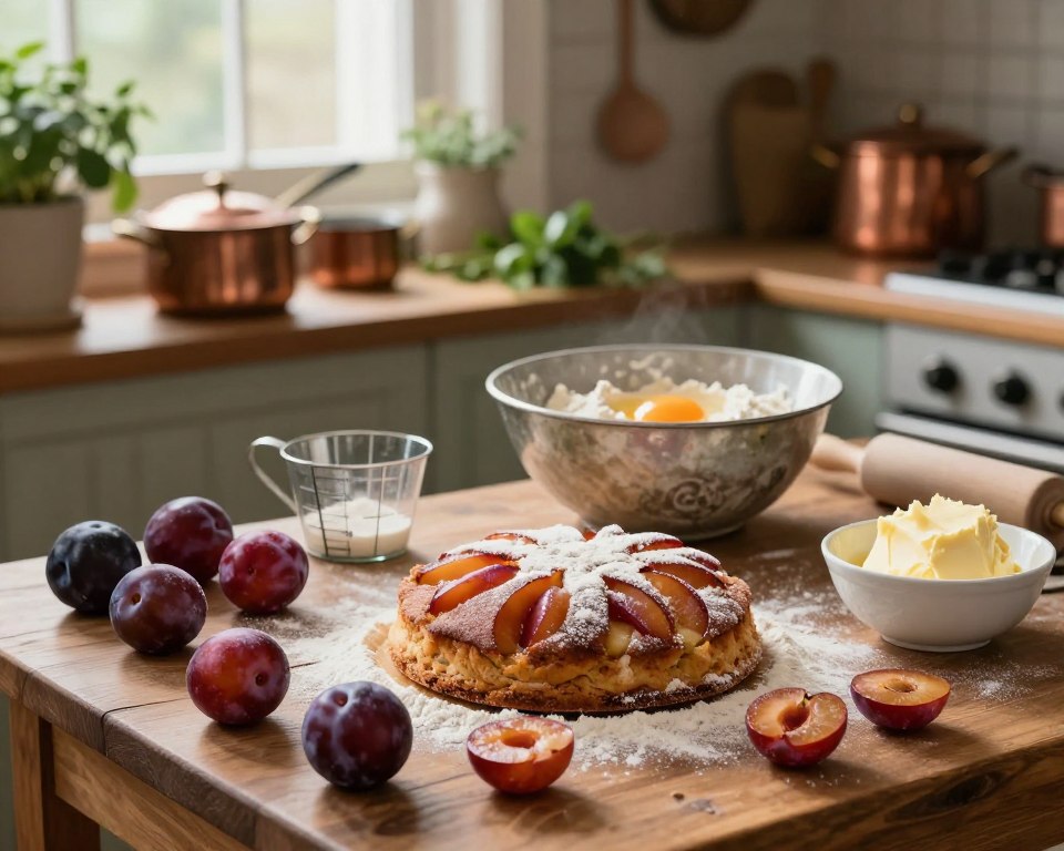A rustic kitchen scene filled with fresh ingredients for baking a traditional plum cake. In the foreground, a wooden table is adorned with ripe California plums, a dusting of flour, and a bowl of rich, creamy butter. In the middle ground, a vintage mixing bowl contains a mixture of eggs, sugar, and flour, awaiting incorporation. There are measuring cups and a rolling pin nearby, suggesting preparation in action. The background features soft, warm lighting streaming through a window, illuminating an array of copper cookware and herbs on the kitchen shelves. The overall atmosphere is inviting and homely, evoking a sense of nostalgia and the joy of homemade baking.