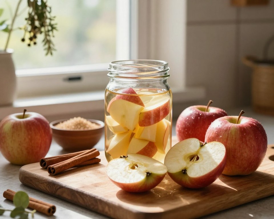 A rustic kitchen scene focused on the preparation of apples for vinegar making. In the foreground, a wooden cutting board covered with ripe, freshly harvested apples, some sliced, showing their juicy, vibrant interiors. In the middle ground, a glass jar filled with the apple slices, surrounded by a few cinnamon sticks and a small bowl of sugar. The background features a sunlit window with soft, warm daylight streaming in, casting gentle shadows, and herbs hanging from the ceiling. The atmosphere feels cozy and homely, evoking a sense of traditional cooking. The composition should be shot from a slight angle to capture the inviting details, with a shallow depth of field to create a soft blur in the background. A rustic kitchen scene focused on the preparation of apples for vinegar making. In the foreground, a wooden cutting board covered with ripe, freshly harvested apples, some sliced, showing their juicy, vibrant interiors. In the middle ground, a glass jar filled with the apple slices, surrounded by a few cinnamon sticks and a small bowl of sugar. The background features a sunlit window with soft, warm daylight streaming in, casting gentle shadows, and herbs hanging from the ceiling. The atmosphere feels cozy and homely, evoking a sense of traditional cooking. The composition should be shot from a slight angle to capture the inviting details, with a shallow depth of field to create a soft blur in the background.