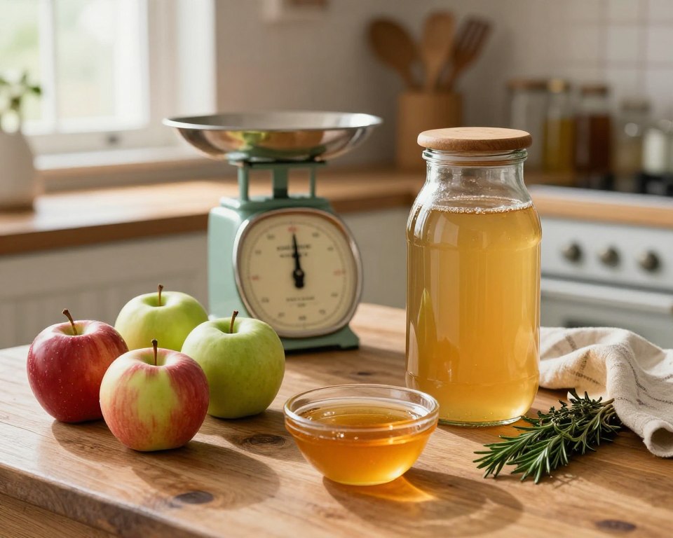 A rustic wooden kitchen table filled with the essential ingredients to make apple cider vinegar. In the foreground, a variety of fresh, fragrant apples—red and green—arranged invitingly next to a bowl of raw organic honey. A large glass jar with a wooden lid sits prominently, with a measuring cup and a few sprigs of fresh herbs like rosemary and thyme nearby. In the middle, a vintage scale and a clean, rustic cloth add authenticity, while a subtle hint of sunlight filters through a window, creating a warm, inviting atmosphere. The background features soft-focus kitchen elements such as wooden utensils and shelves lined with jars, enhancing the homey feel of the scene. The image captures a sense of simplicity and natural goodness, perfect for a traditional recipe setting. A rustic wooden kitchen table filled with the essential ingredients to make apple cider vinegar. In the foreground, a variety of fresh, fragrant apples—red and green—arranged invitingly next to a bowl of raw organic honey. A large glass jar with a wooden lid sits prominently, with a measuring cup and a few sprigs of fresh herbs like rosemary and thyme nearby. In the middle, a vintage scale and a clean, rustic cloth add authenticity, while a subtle hint of sunlight filters through a window, creating a warm, inviting atmosphere. The background features soft-focus kitchen elements such as wooden utensils and shelves lined with jars, enhancing the homey feel of the scene. The image captures a sense of simplicity and natural goodness, perfect for a traditional recipe setting.