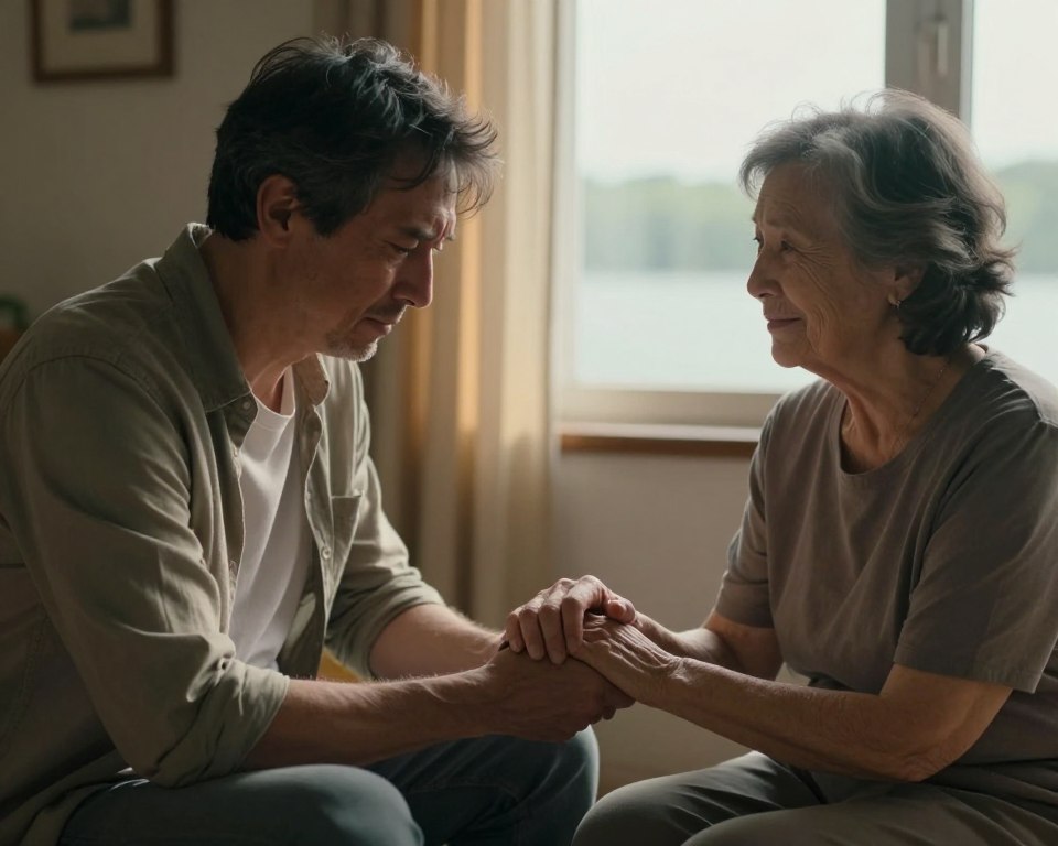 A serene and emotional scene depicting two individuals in a softly lit room, conveying deep emotional communication during the process of dying. In the foreground, a middle-aged man in modest casual clothing, with a pained yet peaceful expression, holds the hand of an elderly woman, who has a gentle, supportive smile. Their hands are tightly clasped, showing connection and comfort. In the middle, a warm light filters through the window, casting soft shadows that enhance the emotional atmosphere, suggesting vulnerability and intimacy. The background features a simple, serene setting with a soft-focus lake view reflected through the window, emphasizing calmness and contemplation. The mood is tender and respectful, highlighting the importance of emotional support during the end of life, with a focus on compassion and the bonds of love. A serene and emotional scene depicting two individuals in a softly lit room, conveying deep emotional communication during the process of dying. In the foreground, a middle-aged man in modest casual clothing, with a pained yet peaceful expression, holds the hand of an elderly woman, who has a gentle, supportive smile. Their hands are tightly clasped, showing connection and comfort. In the middle, a warm light filters through the window, casting soft shadows that enhance the emotional atmosphere, suggesting vulnerability and intimacy. The background features a simple, serene setting with a soft-focus lake view reflected through the window, emphasizing calmness and contemplation. The mood is tender and respectful, highlighting the importance of emotional support during the end of life, with a focus on compassion and the bonds of love.