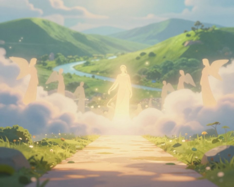 A serene and ethereal representation of an afterlife concept, focusing on the theme of life after death. In the foreground, depict a bright, welcoming pathway illuminated by soft, golden light, leading towards a dreamy realm. In the middle, include luminous clouds softly drifting and gradually transforming into celestial imagery, with faint silhouettes of angels or serene figures in modest, flowing garments embodying grace and peace. In the background, illustrate a tranquil, vibrant landscape filled with lush green hills and gentle streams, symbolizing harmony and eternal life. Capture a soft focus effect with warm lighting to convey a sense of hope and tranquility, while incorporating a slight mist that adds to the mystical atmosphere, inviting viewers to ponder the possibilities of existence beyond mortality. A serene and ethereal representation of an afterlife concept, focusing on the theme of life after death. In the foreground, depict a bright, welcoming pathway illuminated by soft, golden light, leading towards a dreamy realm. In the middle, include luminous clouds softly drifting and gradually transforming into celestial imagery, with faint silhouettes of angels or serene figures in modest, flowing garments embodying grace and peace. In the background, illustrate a tranquil, vibrant landscape filled with lush green hills and gentle streams, symbolizing harmony and eternal life. Capture a soft focus effect with warm lighting to convey a sense of hope and tranquility, while incorporating a slight mist that adds to the mystical atmosphere, inviting viewers to ponder the possibilities of existence beyond mortality.