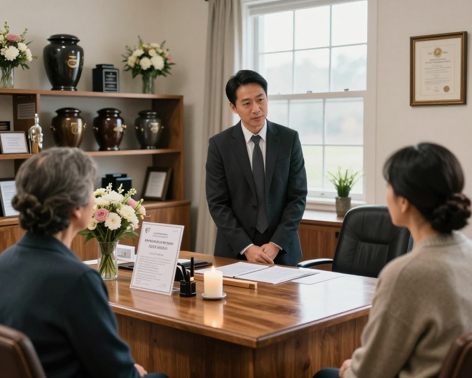 A serene and respectful funeral home office, featuring a professional funeral director in modest business attire, engaged in a compassionate conversation with a grieving family. In the foreground, a polished wooden desk with brochures about burial services, flowers, and a candle lightly flickering. In the middle ground, shelves lined with elegant urns and floral arrangements, reflecting sensitivity and care. The background showcases large windows allowing soft, natural light to illuminate the space, adding warmth to the somber atmosphere. A framed certificate or licensure on the wall signifies professionalism. The overall mood is compassionate and supportive, emphasizing a safe space for families during difficult times, captured in a slightly elevated angle to convey approachability and comfort. A serene and respectful funeral home office, featuring a professional funeral director in modest business attire, engaged in a compassionate conversation with a grieving family. In the foreground, a polished wooden desk with brochures about burial services, flowers, and a candle lightly flickering. In the middle ground, shelves lined with elegant urns and floral arrangements, reflecting sensitivity and care. The background showcases large windows allowing soft, natural light to illuminate the space, adding warmth to the somber atmosphere. A framed certificate or licensure on the wall signifies professionalism. The overall mood is compassionate and supportive, emphasizing a safe space for families during difficult times, captured in a slightly elevated angle to convey approachability and comfort.