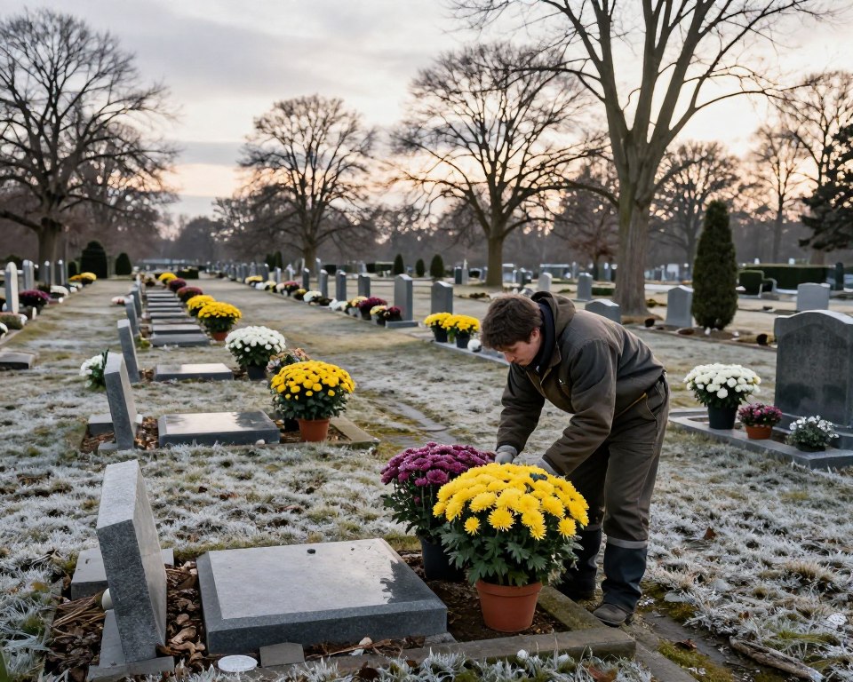 A serene cemetery scene during a crisp winter afternoon, showcasing various flowers and chrysanthemums thoughtfully arranged among modest grave markers. In the foreground, a gardener in professional attire tends to vibrant potted chrysanthemums, demonstrating practical care techniques. The middle ground features a gently sloping path lined with winter flowers, their colors vibrant against the soft crunch of frost on the ground. The background reveals bare trees silhouetted against a pale, cloudy sky, casting a tranquil ambiance. Soft, diffused lighting enhances the peacefulness of the scene, and the composition is captured from a slightly elevated angle, offering a comprehensive view that illustrates both beauty and the art of plant care in a cemetery setting.