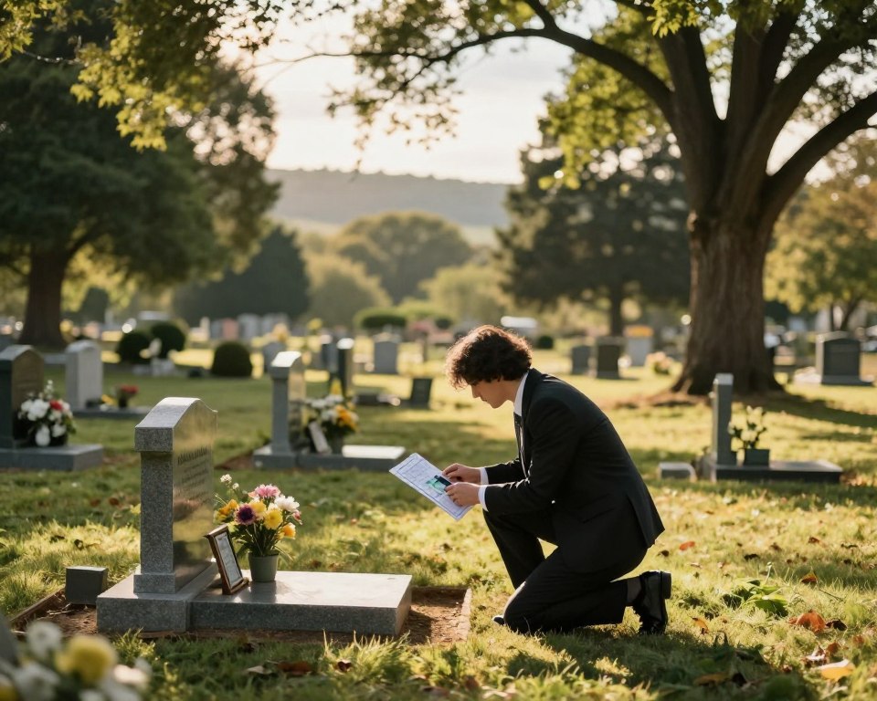 A serene cemetery scene during golden hour, where the soft, warm sunlight filters through the trees, casting gentle shadows on the ground. In the foreground, a person dressed in professional business attire is kneeling by a gravestone, examining a map or a digital device to identify the grave location. In the middle ground, several tombstones are visible, each unique and adorned with flowers and personal mementos, reflecting the memories of the departed. The background features a peaceful landscape with lush, green trees and distant hills, evoking a sense of tranquility and respect. The atmosphere is somber yet reflective, inviting contemplation on how to honor and remember loved ones in this setting. Use a shallow depth of field to focus on the individual, with a soft bokeh effect in the background. A serene cemetery scene during golden hour, where the soft, warm sunlight filters through the trees, casting gentle shadows on the ground. In the foreground, a person dressed in professional business attire is kneeling by a gravestone, examining a map or a digital device to identify the grave location. In the middle ground, several tombstones are visible, each unique and adorned with flowers and personal mementos, reflecting the memories of the departed. The background features a peaceful landscape with lush, green trees and distant hills, evoking a sense of tranquility and respect. The atmosphere is somber yet reflective, inviting contemplation on how to honor and remember loved ones in this setting. Use a shallow depth of field to focus on the individual, with a soft bokeh effect in the background.