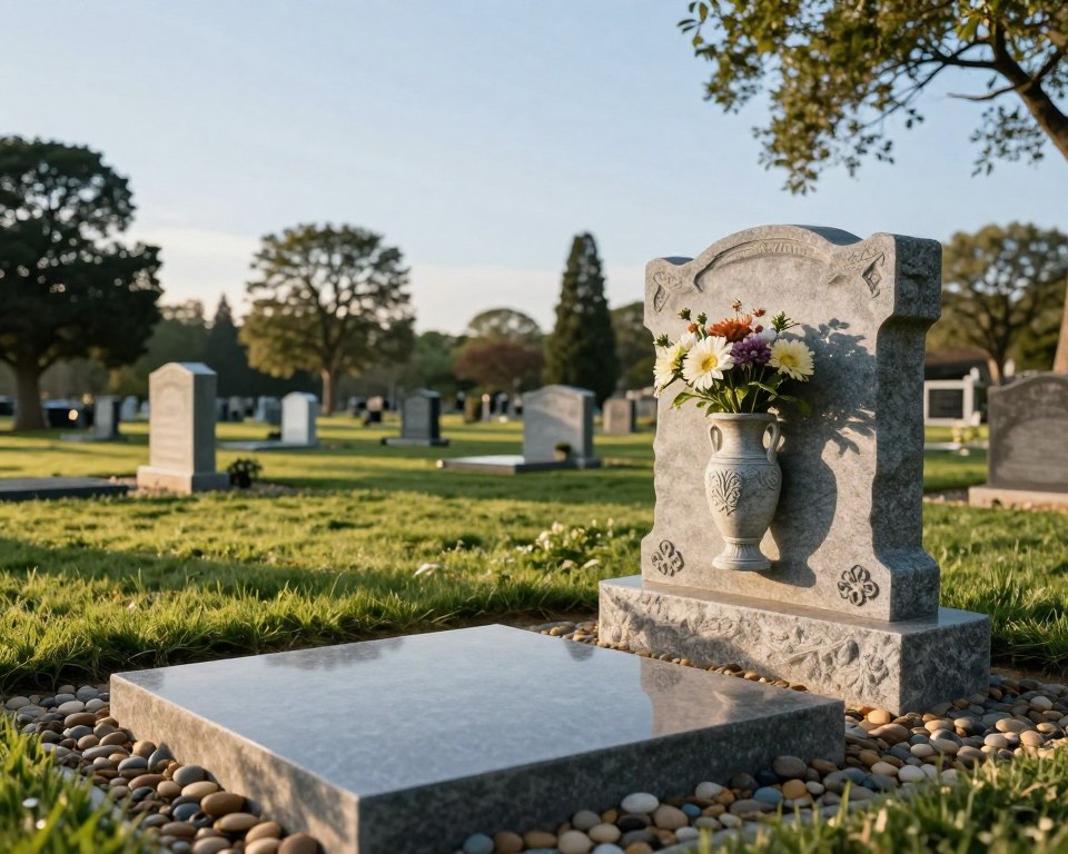 A serene cemetery scene showcasing a beautifully designed vase securely mounted on a gravestone. In the foreground, the polished stone of the grave gently reflects the soft light of a late afternoon sun, with a focus on the vase, adorned with fresh flowers. The middle ground features lush, well-maintained grass and carefully arranged pebbles enhancing the aesthetic. In the background, there are gently swaying trees and a clear blue sky, creating a peaceful atmosphere. Soft shadows fall across the scene, highlighting the vase's durability and elegance. This composition should convey a sense of care and reverence, emphasizing the importance of preserving the vase’s beauty and stability. Use a wide-angle lens to capture the tranquility of the setting.
