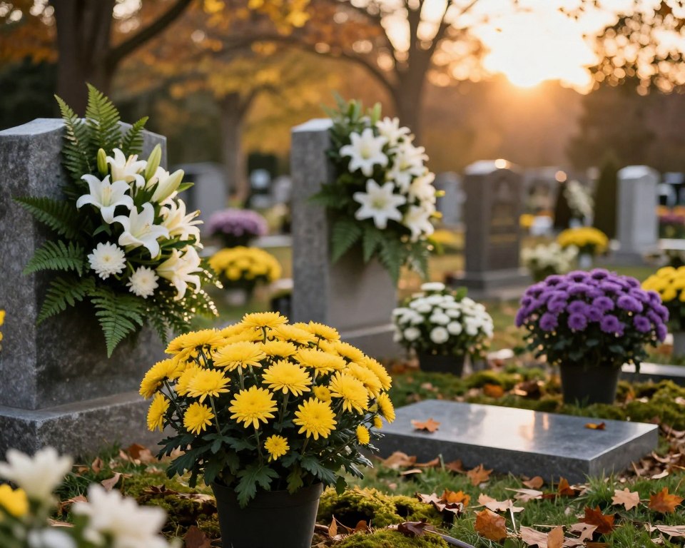 A serene cemetery scene showcasing elegant floral compositions with a focus on winter chrysanthemums. In the foreground, vibrant potted chrysanthemums in shades of yellow and purple sit on graves, surrounded by green foliage and soft moss. In the middle, headstones are adorned with simple but beautiful floral arrangements reflecting reverence, featuring subtle touches of white lilies and green ferns. The background reveals gently falling autumn leaves under a soft, golden sunset, creating a warm and tranquil atmosphere. The image captures a close-up angle, highlighting the details of the flowers and their arrangement, while soft, natural lighting enhances the serene mood of the scene. The overall ambiance is one of peace, respect, and the beauty of remembrance, devoid of any text or identifying marks.