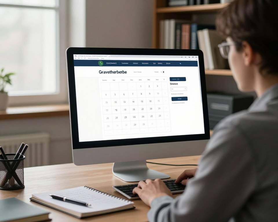 A serene office environment showcasing a professional individual in modest business attire, seated at a desk with a computer. The screen displays a user-friendly interface for a gravestone search tool, featuring a calendar and search bar for funeral dates. A notepad with handwritten notes and a pen is placed beside the computer, indicating research activity. Soft ambient lighting filters through a nearby window, casting gentle shadows, creating a calm and focused atmosphere. In the background, there is a bookshelf filled with reference materials on memorials and genealogy. This composition emphasizes the theme of checking funeral dates in a respectful and informative manner. The lens perspective should be slightly angled to capture both the individual and the screen, ensuring a clear view of the task at hand. A serene office environment showcasing a professional individual in modest business attire, seated at a desk with a computer. The screen displays a user-friendly interface for a gravestone search tool, featuring a calendar and search bar for funeral dates. A notepad with handwritten notes and a pen is placed beside the computer, indicating research activity. Soft ambient lighting filters through a nearby window, casting gentle shadows, creating a calm and focused atmosphere. In the background, there is a bookshelf filled with reference materials on memorials and genealogy. This composition emphasizes the theme of checking funeral dates in a respectful and informative manner. The lens perspective should be slightly angled to capture both the individual and the screen, ensuring a clear view of the task at hand.