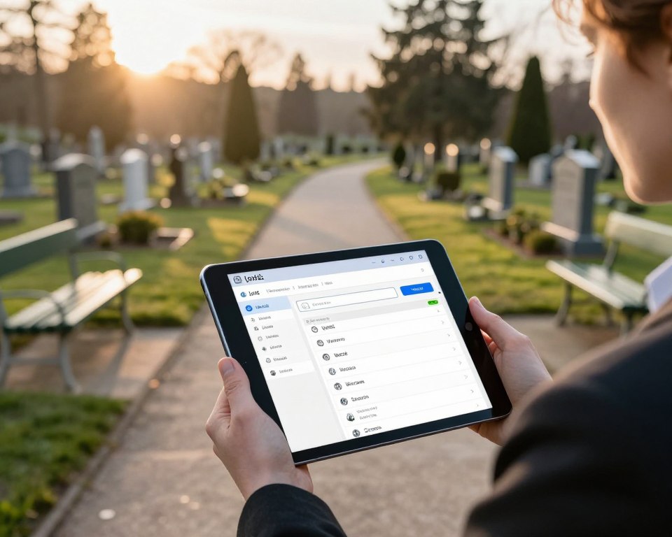 A serene scene of an individual cemetery search interface displayed on a digital tablet held by a person in professional attire. The foreground features the tablet showing a clear, user-friendly layout with searchable categories like 'Łódź,' 'Warszawa,' and 'Szczecin.' In the middle ground, there are soft green park benches and a well-maintained pathway leading through a peaceful cemetery with tasteful headstones. The background depicts a gentle sunrise, casting a warm, inviting glow over the scene and creating long shadows that enhance the tranquility. The atmosphere is calm and reflective, emphasizing the significance of remembrance and the tools available for locating loved ones' graves. Capture this moment from a slightly elevated angle to provide a comprehensive view of the interface and surroundings. A serene scene of an individual cemetery search interface displayed on a digital tablet held by a person in professional attire. The foreground features the tablet showing a clear, user-friendly layout with searchable categories like 'Łódź,' 'Warszawa,' and 'Szczecin.' In the middle ground, there are soft green park benches and a well-maintained pathway leading through a peaceful cemetery with tasteful headstones. The background depicts a gentle sunrise, casting a warm, inviting glow over the scene and creating long shadows that enhance the tranquility. The atmosphere is calm and reflective, emphasizing the significance of remembrance and the tools available for locating loved ones' graves. Capture this moment from a slightly elevated angle to provide a comprehensive view of the interface and surroundings.