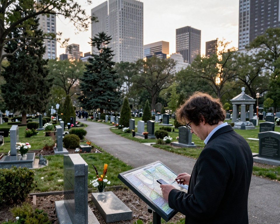 A serene urban cemetery scene depicting the process of grave searching in a large city. In the foreground, a well-dressed individual examines a modern digital map on their smartphone, intently focused. The middle ground features a beautifully landscaped cemetery with well-kept gravestones, some adorned with flowers, and gentle pathways winding between rows of plots. Tall trees and a few city skyscrapers are visible in the background, partially obscured by atmospheric lighting that creates a soft, peaceful glow as the sun sets. The scene conveys a mood of reflection and tranquility, inviting viewers to appreciate the importance of remembering loved ones. The composition is captured with a wide-angle lens to accentuate both the depth of the cemetery and the bustling city skyline beyond. A serene urban cemetery scene depicting the process of grave searching in a large city. In the foreground, a well-dressed individual examines a modern digital map on their smartphone, intently focused. The middle ground features a beautifully landscaped cemetery with well-kept gravestones, some adorned with flowers, and gentle pathways winding between rows of plots. Tall trees and a few city skyscrapers are visible in the background, partially obscured by atmospheric lighting that creates a soft, peaceful glow as the sun sets. The scene conveys a mood of reflection and tranquility, inviting viewers to appreciate the importance of remembering loved ones. The composition is captured with a wide-angle lens to accentuate both the depth of the cemetery and the bustling city skyline beyond.