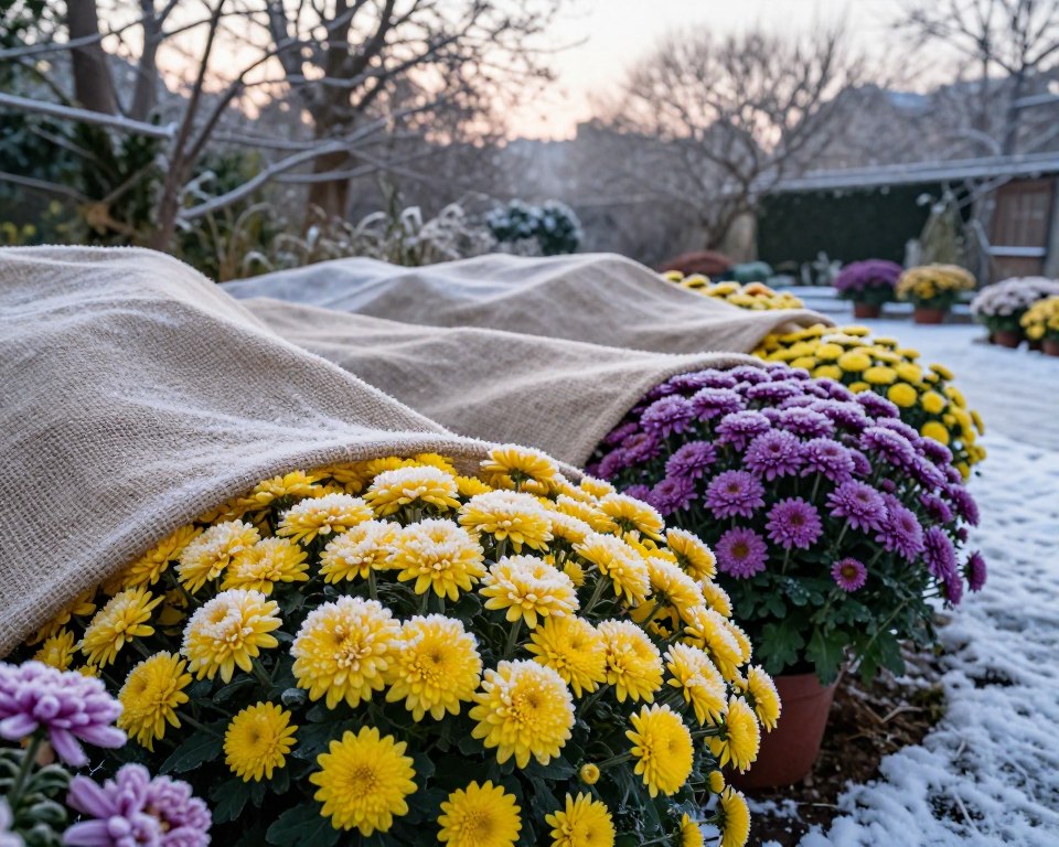 A serene winter garden scene featuring vibrant chrysanthemum flowers carefully protected against frost. In the foreground, a bed of rich, colorful chrysanthemums in full bloom, their petals glistening with a light layer of frost, showcasing deep yellows, purples, and pinks. The middle ground reveals a protective covering of burlap and frost cloth gently draped over the flowers, softening the harshness of winter. The background includes snow-covered paths and bare trees silhouetted against a soft, overcast sky, creating a calm and tranquil atmosphere. The lighting is soft and diffused, emphasizing the delicate details of the flowers and the protective layers. The mood is peaceful and nurturing, capturing the essence of winter flower care.