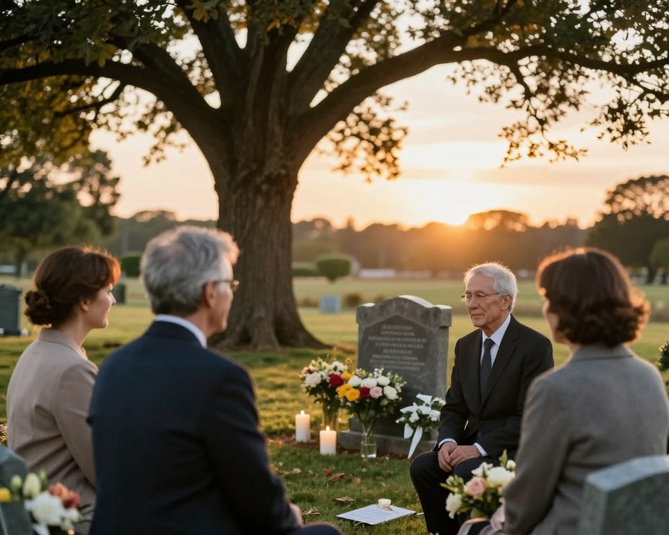 A solemn scene depicting a family gathering in a serene outdoor setting, evoking a sense of remembrance and connection. In the foreground, a group of three individuals, dressed in professional business attire, are engaged in a heartfelt conversation. They are surrounded by flowers and candles, symbolizing respect for the deceased. In the middle ground, a gently weathered gravestone is visible, adorned with floral tributes, under the shade of a large, mature tree that provides a peaceful backdrop. The background features a soft sunset, casting warm golden light, enhancing the emotional atmosphere of reflection and compassion. The image captures the essence of traditional methods of obtaining funeral information, steeped in familial ties and reverence. The lens should have a soft focus to create a dreamlike quality, with the lighting ensuring a warm and inviting mood. A solemn scene depicting a family gathering in a serene outdoor setting, evoking a sense of remembrance and connection. In the foreground, a group of three individuals, dressed in professional business attire, are engaged in a heartfelt conversation. They are surrounded by flowers and candles, symbolizing respect for the deceased. In the middle ground, a gently weathered gravestone is visible, adorned with floral tributes, under the shade of a large, mature tree that provides a peaceful backdrop. The background features a soft sunset, casting warm golden light, enhancing the emotional atmosphere of reflection and compassion. The image captures the essence of traditional methods of obtaining funeral information, steeped in familial ties and reverence. The lens should have a soft focus to create a dreamlike quality, with the lighting ensuring a warm and inviting mood.