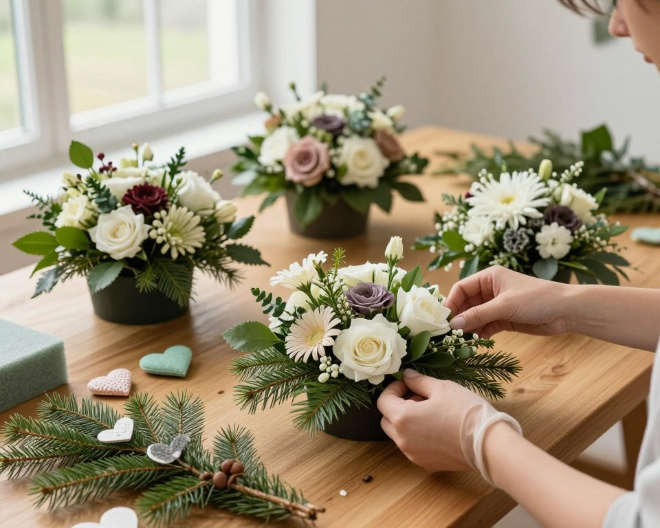 A step-by-step instruction guide for creating a cemetery floral arrangement, featuring a serene workspace. In the foreground, a beautifully arranged wooden table is adorned with materials like pine branches, small decorative hearts, and floral foam. A pair of skilled hands, wearing simple gloves, is shown gently placing flowers into the arrangement. In the middle, partially completed arrangements showcase variations in texture and materials, emphasizing a DIY spirit. The background consists of soft, diffused natural light coming through a window, casting gentle shadows, creating a calm and reflective atmosphere. Captured from a slightly elevated angle with a shallow depth of field, focusing on the details of the flowers and hands while softly blurring the background.