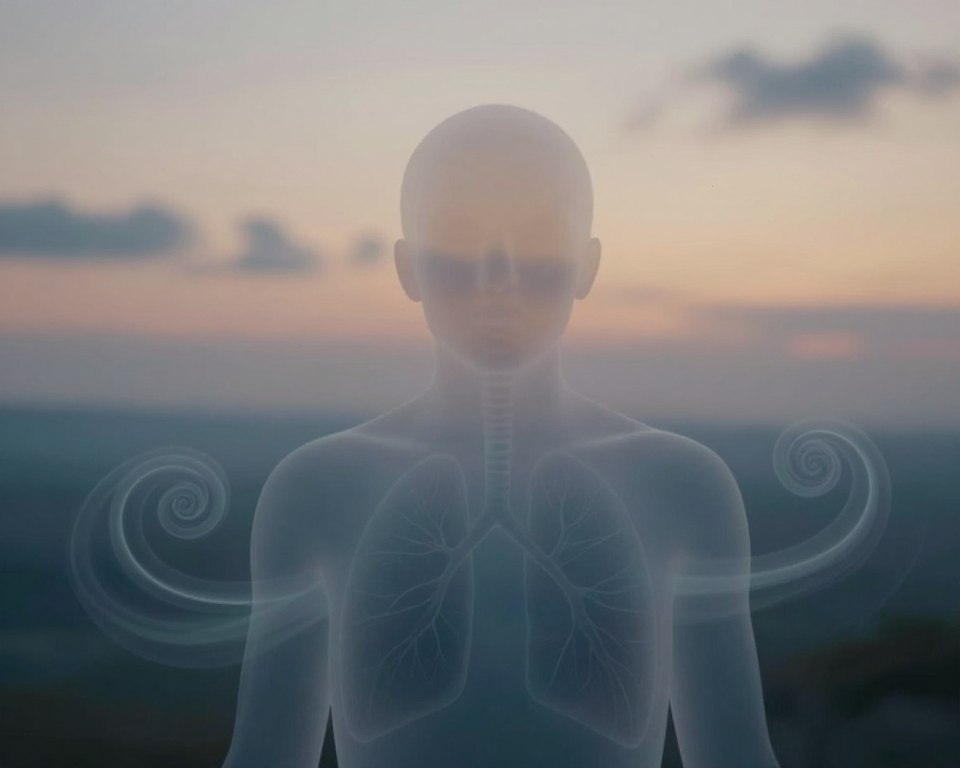 A surreal and contemplative scene illustrating changes in breathing. In the foreground, a gentle, translucent figure embodies the concept of life and breath, surrounded by soft hues of blue and gray, symbolizing calmness and introspection. Their chest subtly rises and falls, captured in a delicate moment of stillness. The middle ground features faint silhouettes of interconnected lungs and flowing air currents, represented by soft spirals that weave through the composition. In the background, a serene landscape fades into a twilight sky, merging with wisps of cloud, evoking a sense of transition and ethereality. Warm, diffused lighting enhances the tranquil atmosphere, while a shallow depth of field draws focus to the figure, creating a sense of intimacy and reflection. The overall mood is one of quiet observation and gentle acknowledgment of the changes in life and breathing. A surreal and contemplative scene illustrating changes in breathing. In the foreground, a gentle, translucent figure embodies the concept of life and breath, surrounded by soft hues of blue and gray, symbolizing calmness and introspection. Their chest subtly rises and falls, captured in a delicate moment of stillness. The middle ground features faint silhouettes of interconnected lungs and flowing air currents, represented by soft spirals that weave through the composition. In the background, a serene landscape fades into a twilight sky, merging with wisps of cloud, evoking a sense of transition and ethereality. Warm, diffused lighting enhances the tranquil atmosphere, while a shallow depth of field draws focus to the figure, creating a sense of intimacy and reflection. The overall mood is one of quiet observation and gentle acknowledgment of the changes in life and breathing.