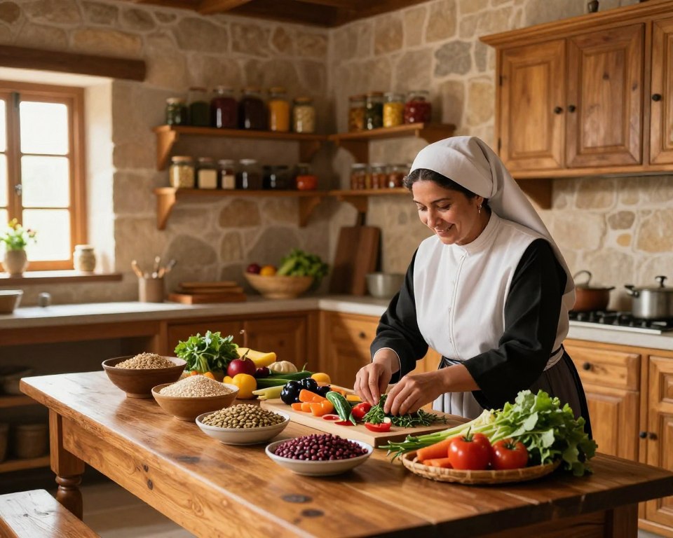 A traditional monastery kitchen, warm and inviting, featuring rustic wooden cabinetry, a large central table set for meal preparation. In the foreground, a modestly dressed Sister Aniela, with a kind smile, skillfully arranging fresh vegetables and herbs. The middle ground includes an array of colorful, healthy ingredients like grains and legumes, artfully displayed on the table. The background reveals stone walls adorned with wooden shelves filled with jars of spices and preserved foods, creating a homely atmosphere. Soft, natural lighting streams in through a window, illuminating the kitchen in a golden hue, emphasizing the wholesome essence of cooking. The mood is peaceful and nurturing, reflecting a dedication to wholesome, meat-free meals. A traditional monastery kitchen, warm and inviting, featuring rustic wooden cabinetry, a large central table set for meal preparation. In the foreground, a modestly dressed Sister Aniela, with a kind smile, skillfully arranging fresh vegetables and herbs. The middle ground includes an array of colorful, healthy ingredients like grains and legumes, artfully displayed on the table. The background reveals stone walls adorned with wooden shelves filled with jars of spices and preserved foods, creating a homely atmosphere. Soft, natural lighting streams in through a window, illuminating the kitchen in a golden hue, emphasizing the wholesome essence of cooking. The mood is peaceful and nurturing, reflecting a dedication to wholesome, meat-free meals.