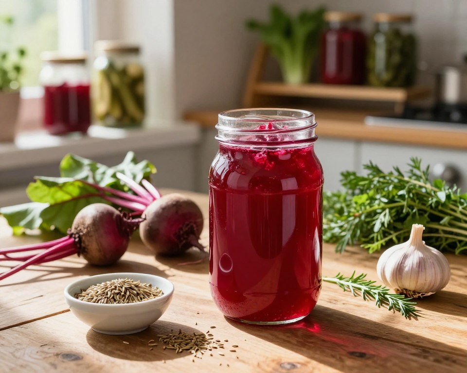 A vibrant and wholesome kitchen scene featuring a clear glass jar filled with bright red beet kvass, surrounded by fresh, organic beets and herbs on a rustic wooden table. In the foreground, a small bowl with whole spices—like caraway seeds and garlic—adds accent to the scene, hinting at the fermentation ingredients. The natural sunlight pours in through a nearby window, casting warm, soft shadows that create an inviting and cozy atmosphere. In the background, shelves are lined with jars of pickled vegetables and fresh greens, emphasizing the healthful properties of homemade foods. The overall mood is one of nourishment and wellness, inviting the viewer to explore the health benefits of beet kvass. A vibrant and wholesome kitchen scene featuring a clear glass jar filled with bright red beet kvass, surrounded by fresh, organic beets and herbs on a rustic wooden table. In the foreground, a small bowl with whole spices—like caraway seeds and garlic—adds accent to the scene, hinting at the fermentation ingredients. The natural sunlight pours in through a nearby window, casting warm, soft shadows that create an inviting and cozy atmosphere. In the background, shelves are lined with jars of pickled vegetables and fresh greens, emphasizing the healthful properties of homemade foods. The overall mood is one of nourishment and wellness, inviting the viewer to explore the health benefits of beet kvass.