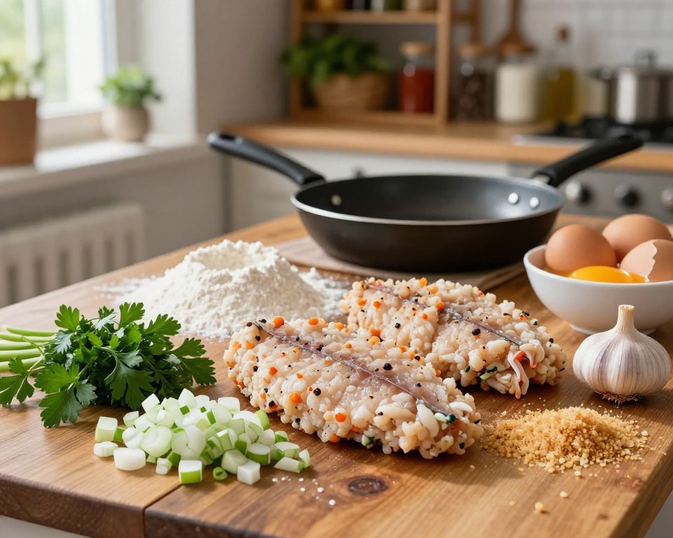 A vibrant, meticulously arranged display of fish cutlet ingredients on a rustic wooden kitchen table. In the foreground, fresh minced fish is surrounded by finely chopped onions, parsley, and garlic, their textures and colors vivid and bright. Sprinkled flour and breadcrumbs lie nearby, alongside cracked eggs in a bowl, showcasing the essential components. In the middle, a charming kitchen setting with scattered cooking utensils — a frying pan and a spatula — hints at the preparation process. The background features softly blurred kitchen shelves filled with spices and herbs, creating a warm and inviting atmosphere. Soft, natural lighting filters through a nearby window, casting gentle shadows and enhancing the rich colors of the ingredients. The overall mood is homely and enticing, inviting readers to explore the delicious possibilities.