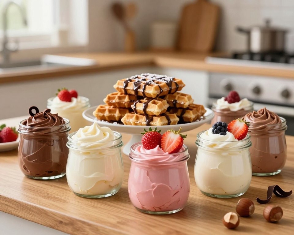 A visually appealing arrangement of various flavored creams designed for wafer desserts, displayed in an elegantly styled kitchen setting. In the foreground, several small glass jars filled with vibrant creams—such as chocolate, vanilla, strawberry, and hazelnut—are neatly placed on a wooden table. Each jar has a subtle garnish like a fresh berry or a chocolate curl. In the middle ground, a beautifully stacked plate of freshly made wafers is drizzled with chocolate sauce and dusted with powdered sugar. The background features soft-focus kitchen elements, including baking utensils and a warm, inviting light from a nearby window, creating a cozy, homey atmosphere. The overall mood is deliciously inviting, highlighting the enticing qualities of the creams. A visually appealing arrangement of various flavored creams designed for wafer desserts, displayed in an elegantly styled kitchen setting. In the foreground, several small glass jars filled with vibrant creams—such as chocolate, vanilla, strawberry, and hazelnut—are neatly placed on a wooden table. Each jar has a subtle garnish like a fresh berry or a chocolate curl. In the middle ground, a beautifully stacked plate of freshly made wafers is drizzled with chocolate sauce and dusted with powdered sugar. The background features soft-focus kitchen elements, including baking utensils and a warm, inviting light from a nearby window, creating a cozy, homey atmosphere. The overall mood is deliciously inviting, highlighting the enticing qualities of the creams.