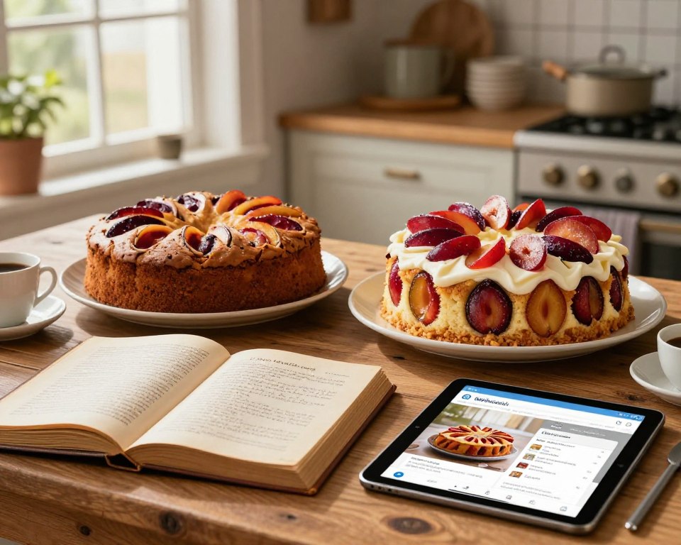 A visually engaging comparison image showcasing traditional and modern recipes for California plum cake, inspired by Sister Anastasia. In the foreground, a rustic wooden table displays an open vintage cookbook with handwritten recipes next to a sleek tablet showing a modern recipe app. The middle section features two freshly baked California plum cakes: one in a classic round shape, adorned with simple decorations, and the other in a stylish, contemporary design with vibrant toppings. The background shows a cozy kitchen scene, with soft, warm lighting illuminating the space. A window offers a glimpse of a sunny day outside, enhancing the inviting atmosphere. The overall mood conveys a blend of nostalgia and innovation, highlighting the evolution of baking practices in a harmonious way.