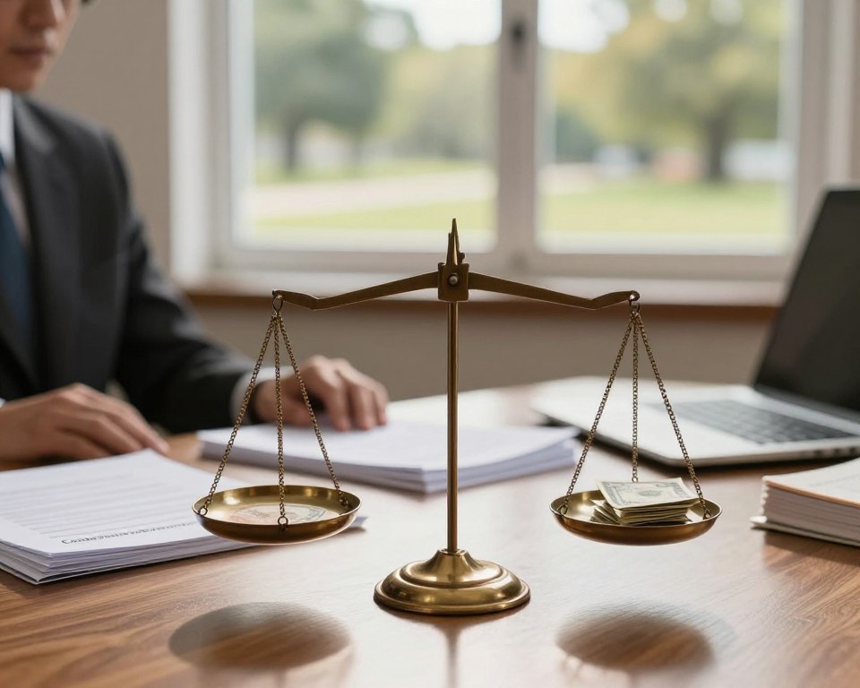 A visually striking representation of the concept of "Compensation Amount" related to the topic of bereavement. In the foreground, a balanced scale, symbolizing justice and fairness, is tipped with stacks of legal documents on one side and a modest pile of money on the other. The middle of the scene features a professional office environment with a wooden desk, computer, and legal texts, conveying a sense of seriousness. In the background, a soft-lit window shows a peaceful outdoor view of a serene park, reflecting hope and healing. The mood is contemplative yet uplifting, illuminated by warm, natural light creating soft shadows. The focus is sharp on the scale, while the background elements fade gently, enhancing the main subject without distractions.