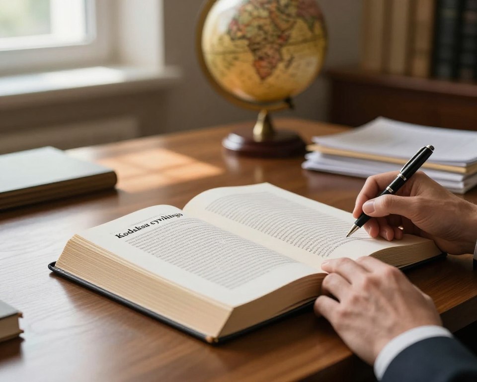 An elegant, open legal book titled "Kodeksu cywilnego" sits on a polished wooden desk, the pages gently turned to reveal a section about compensation laws. In the foreground, a pair of professional hands is gently resting on the book, one holding a sleek pen poised to make notes. In the middle background, a softly lit office environment, with warm ambient lighting streaming through a nearby window, casting soft shadows. A vintage globe and a stack of legal documents create depth, enhancing the scholarly atmosphere. The overall mood is serious yet inviting, suggesting a focus on legal matters and the pursuit of justice, suitable for an informative article on legal compensation.