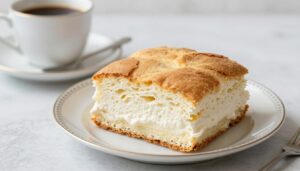 Babka z białek Siostry Anieli na talerzu z filiżanką kawy