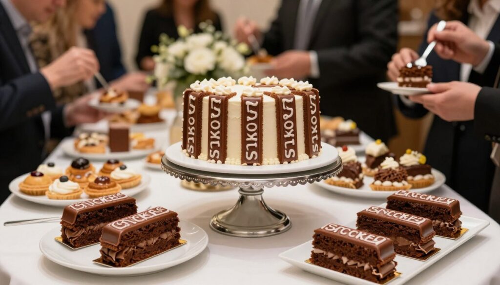 Ciasto Snikers podane na eleganckim przyjęciu