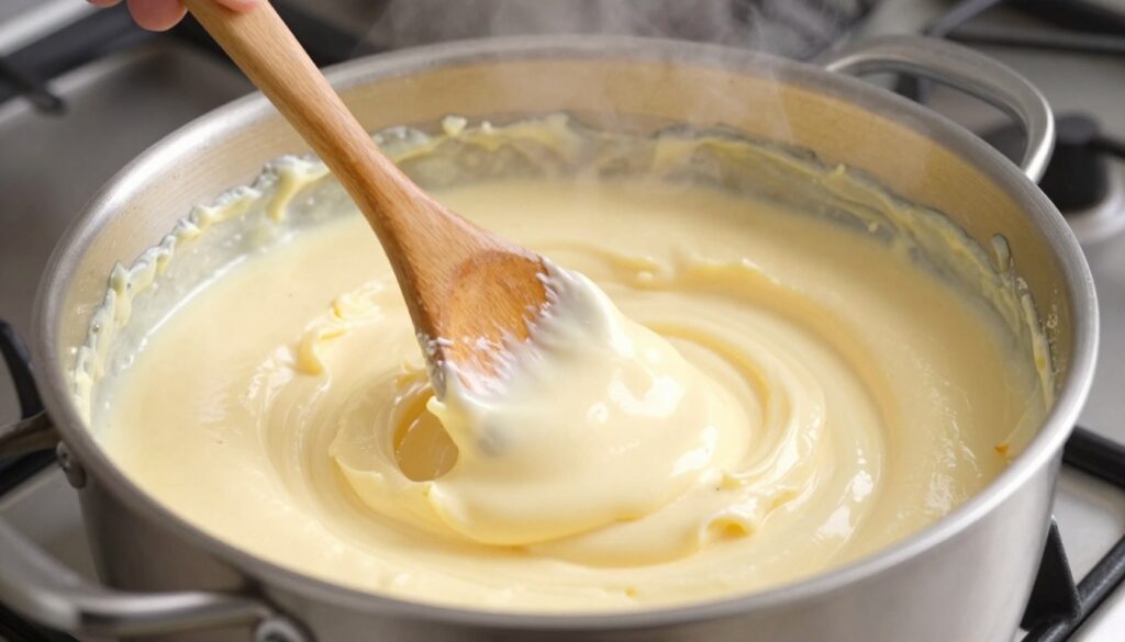 Gotowanie masy serowej do sernika Siostry Anieli w rondelku