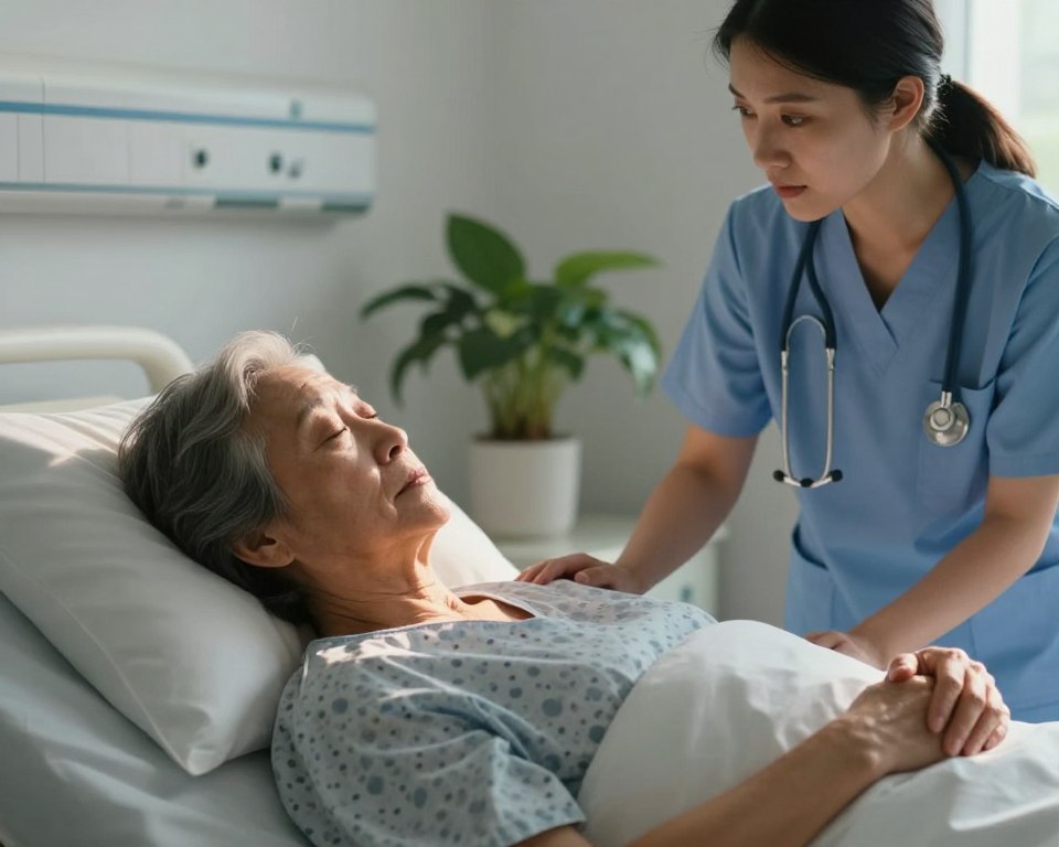 In a serene hospital room, an elderly person lies peacefully in a bed, their face serene yet contemplative, symbolizing the delicate nature of ethical decision-making in end-of-life scenarios. The foreground features a soft, warm light illuminating the person's face and hands, conveying a sense of tranquility and compassion. A healthcare professional in modest, professional attire stands nearby, attentively discussing options, their expression empathetic and supportively focused. In the background, gentle touches of green plants and natural light filtering through a window create an atmosphere of calm, nurturing the themes of life, death, and thoughtful choices. The overall mood is reflective and poignant, highlighting the gravity and tenderness of making ethical decisions during the dying process. In a serene hospital room, an elderly person lies peacefully in a bed, their face serene yet contemplative, symbolizing the delicate nature of ethical decision-making in end-of-life scenarios. The foreground features a soft, warm light illuminating the person's face and hands, conveying a sense of tranquility and compassion. A healthcare professional in modest, professional attire stands nearby, attentively discussing options, their expression empathetic and supportively focused. In the background, gentle touches of green plants and natural light filtering through a window create an atmosphere of calm, nurturing the themes of life, death, and thoughtful choices. The overall mood is reflective and poignant, highlighting the gravity and tenderness of making ethical decisions during the dying process.