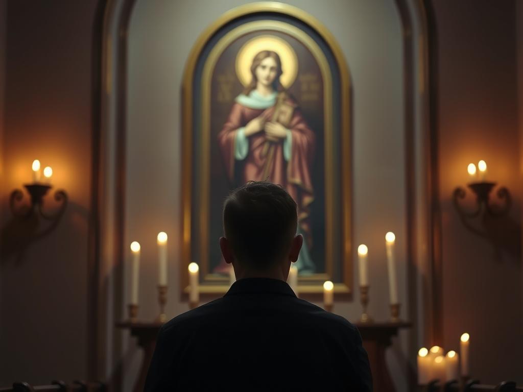Osoba modląca się przed wizerunkiem świętej Krystyny Osoba modląca się przed wizerunkiem świętej Krystyny