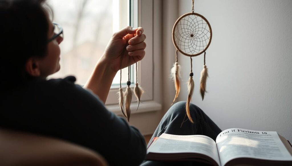 Osoba rozważająca duchowe implikacje posiadania łapacza snów - czy łapacz snów jest zły