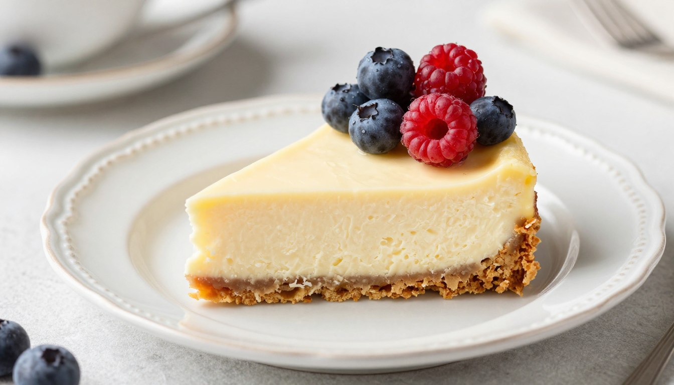 Sernik gotowany Siostry Anieli na talerzyku z owocami