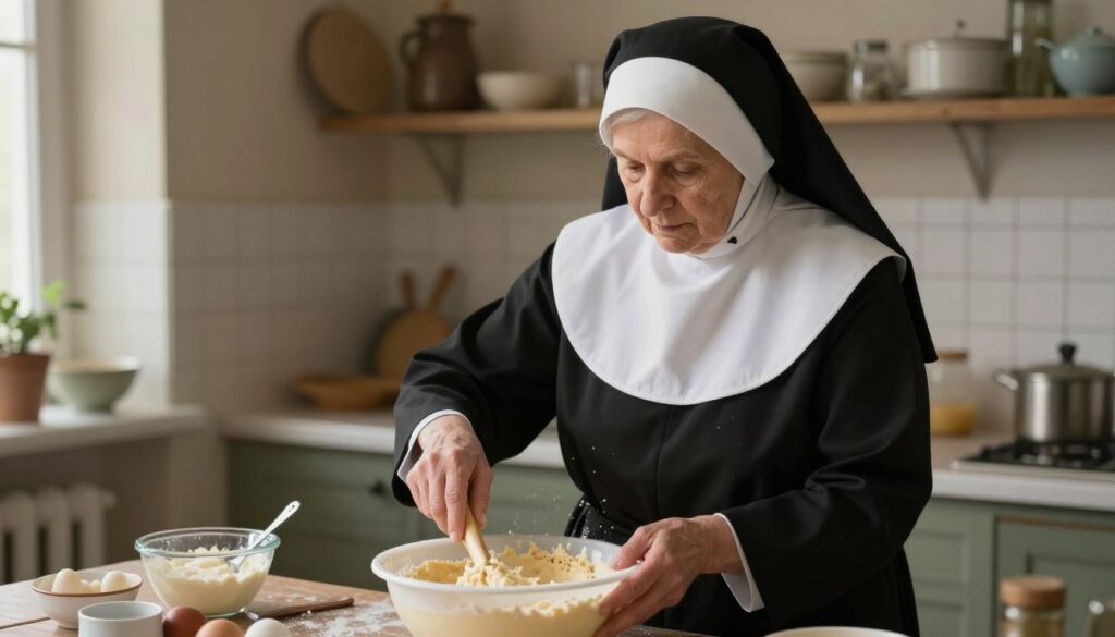 Siostra Anastazja w kuchni przygotowująca ciasto