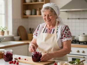 Siostra Anastazja w kuchni przygotowująca konfiturę z malin
