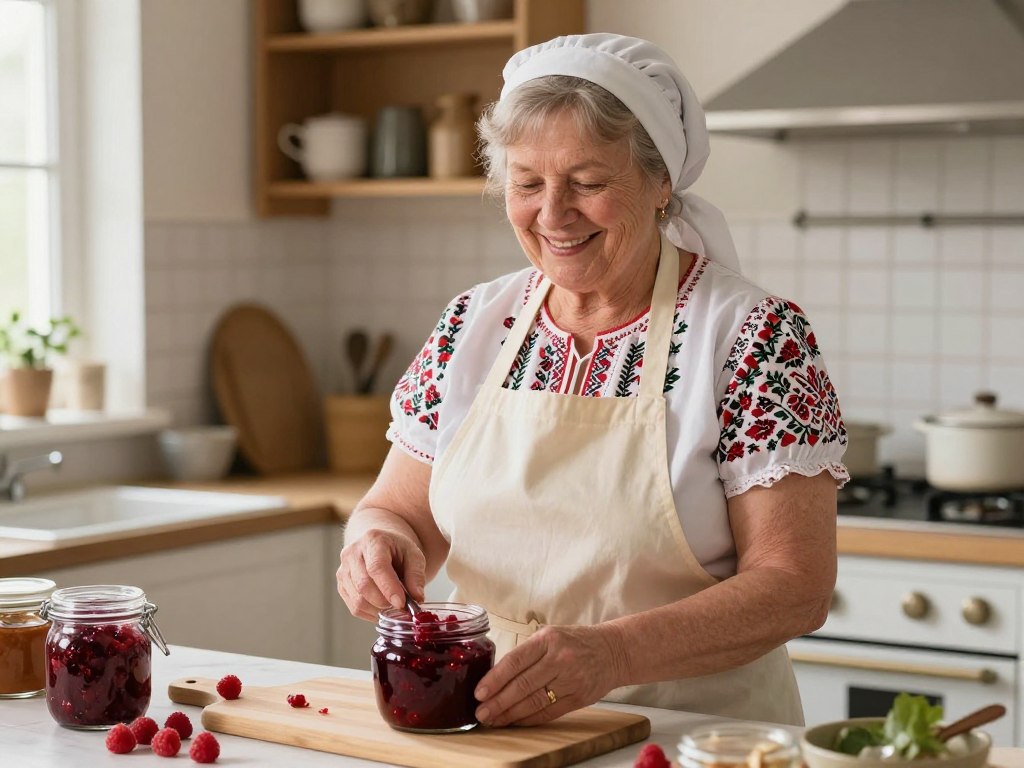 Siostra Anastazja w kuchni przygotowująca konfiturę z malin